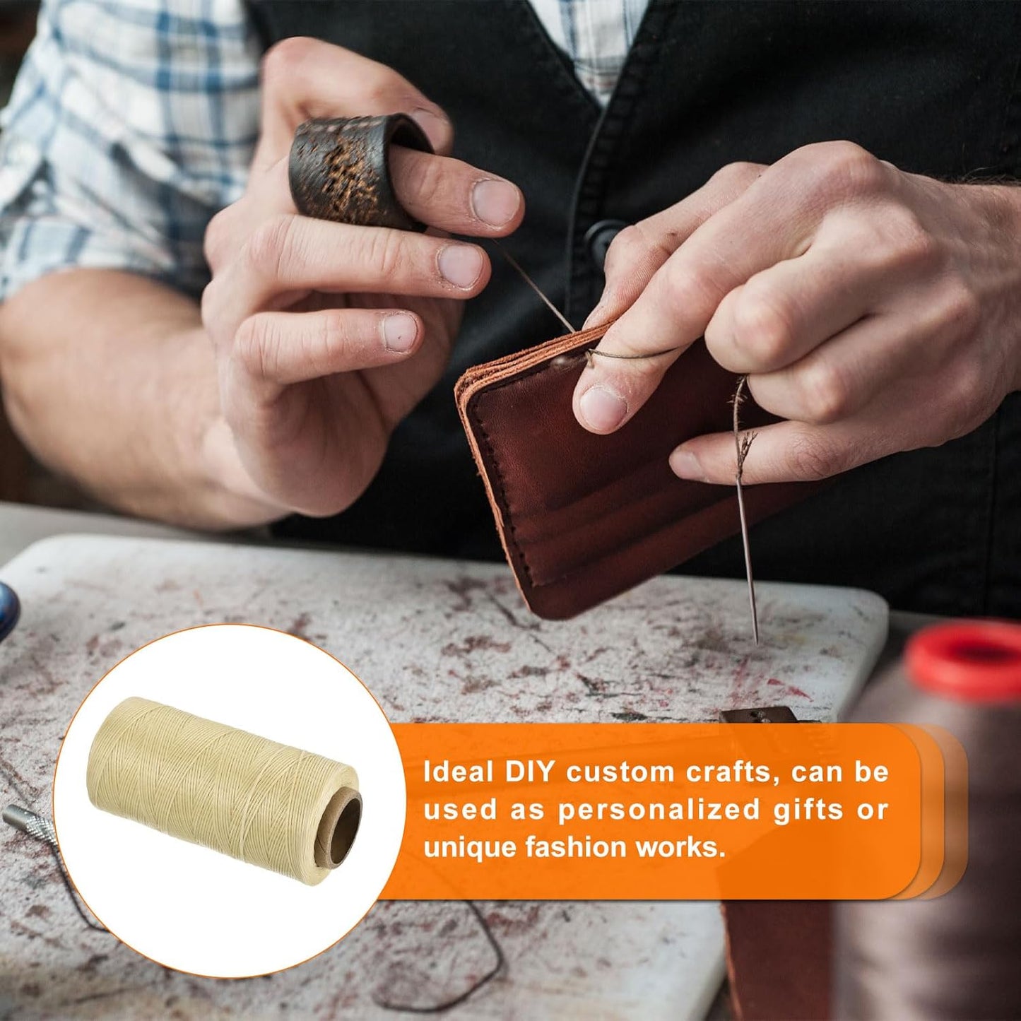 MECCANIXITY Waxed Thread,284 Yard 0.8mm 150D Flat Wax Thread Polyester Waxed String for Leather Sewing Hand Weaving Book Binding Home Decoration,Beige