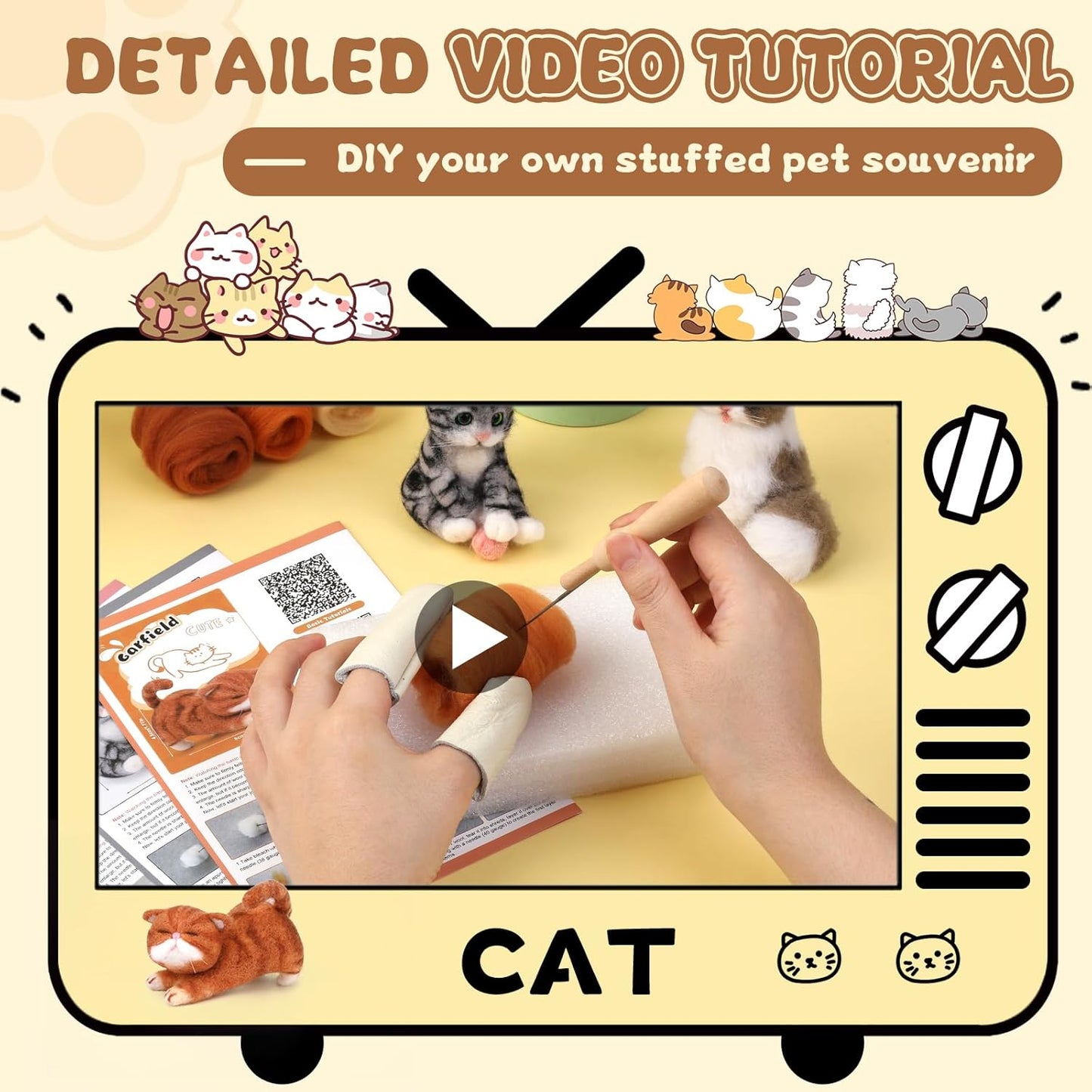 Mayboos Needle Felting Kit, 3 PCS Cat Animal Needle Felting Beginner Kits Wool Felt Needle Felting Tools with Instruction for DIY Craft Animal Home Decoration