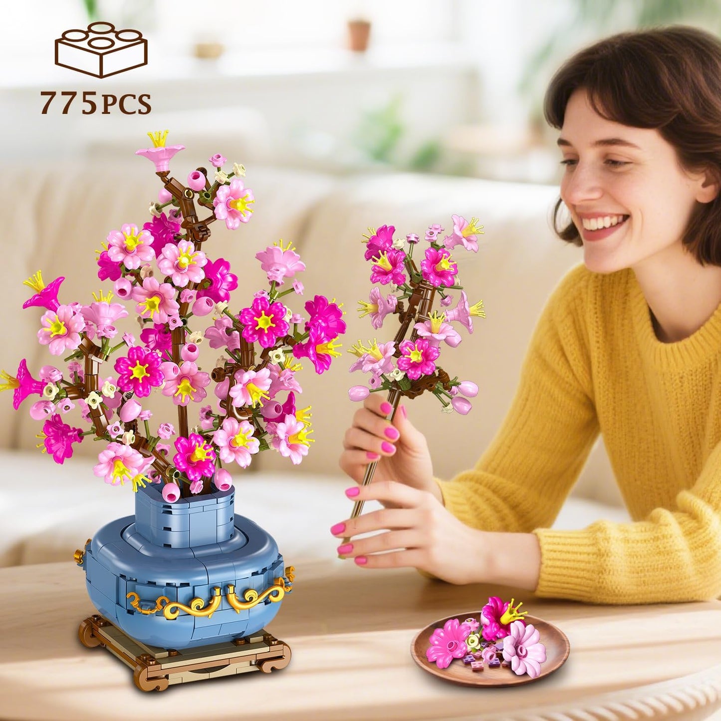 HOGOKIDS Flowers Cherry-Blossom Bonsai Building Set - 2 in 1 Artificial Bonsai Tree Plants for Home Decor & Display Cherry Botanical Flowers Building Toy Birthday Gift for Adults Teens (775PCS)