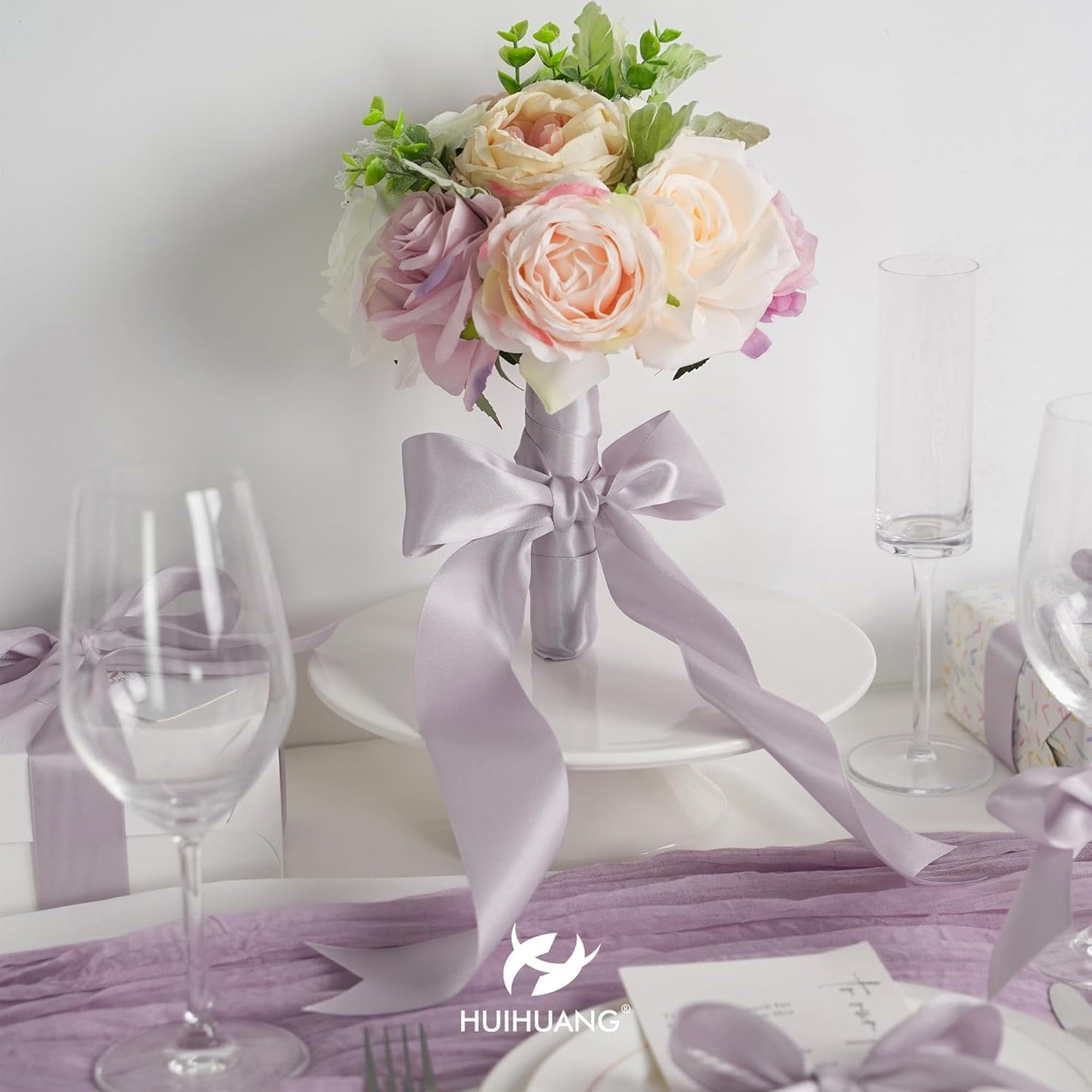 HUIHUANG Dusty Purple Ribbon 2 inch Wide Double-Faced Pastel Lilac Satin Silk Ribbon for Flower Bouquet Wrap, Gift Wrapping,Wedding Decor, Home Decor, Crafts and Bows Making- 25 Yards/Roll