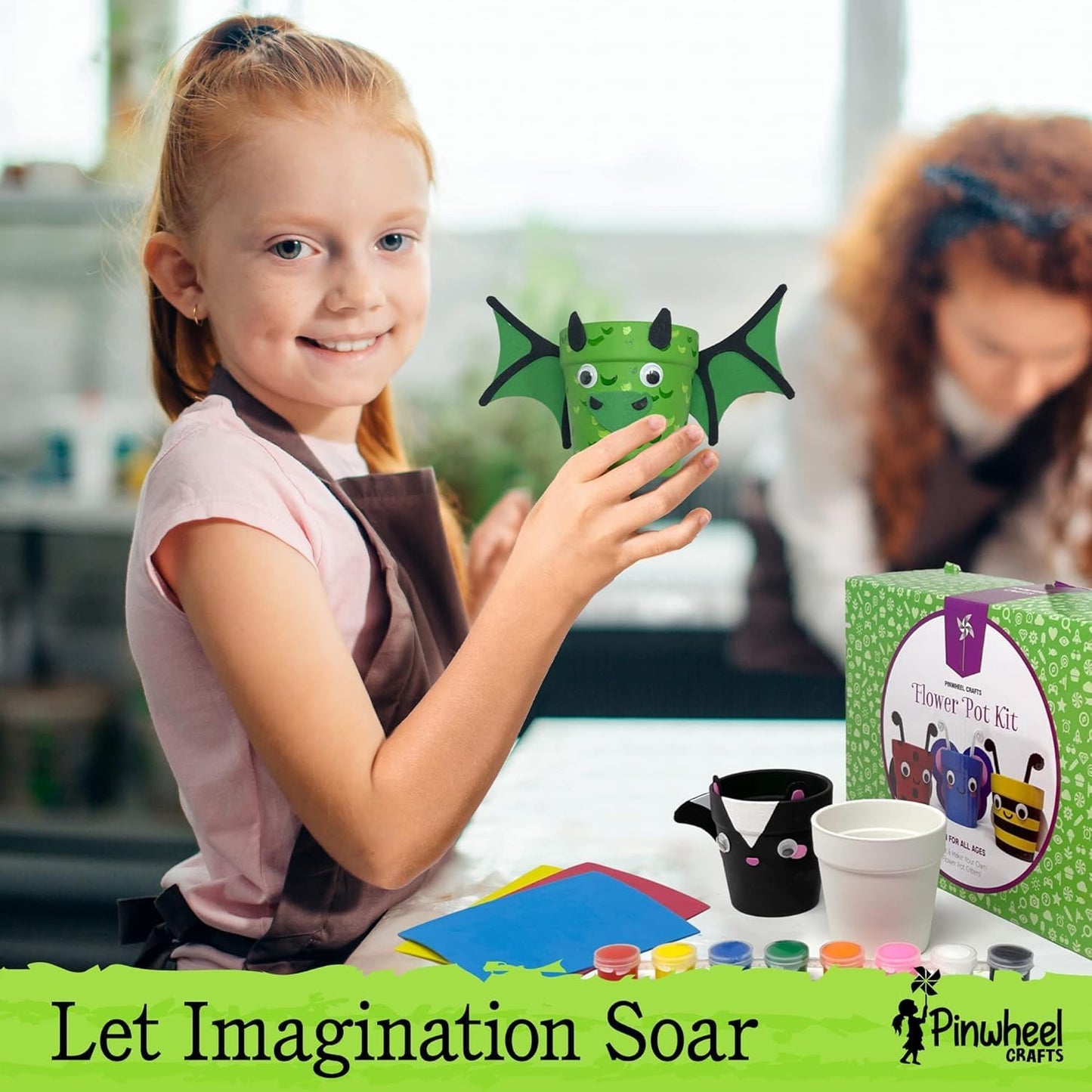 Pinwheel Crafts Flower Pot Painting Kit – Paint Your Own Kids Gardening Set with Seeds, Soil, 8 Paints, 2 Brushes & 3 Pots, DIY Plant Growing Kit for Kids Ages 8-12+, Kid Gardening Set