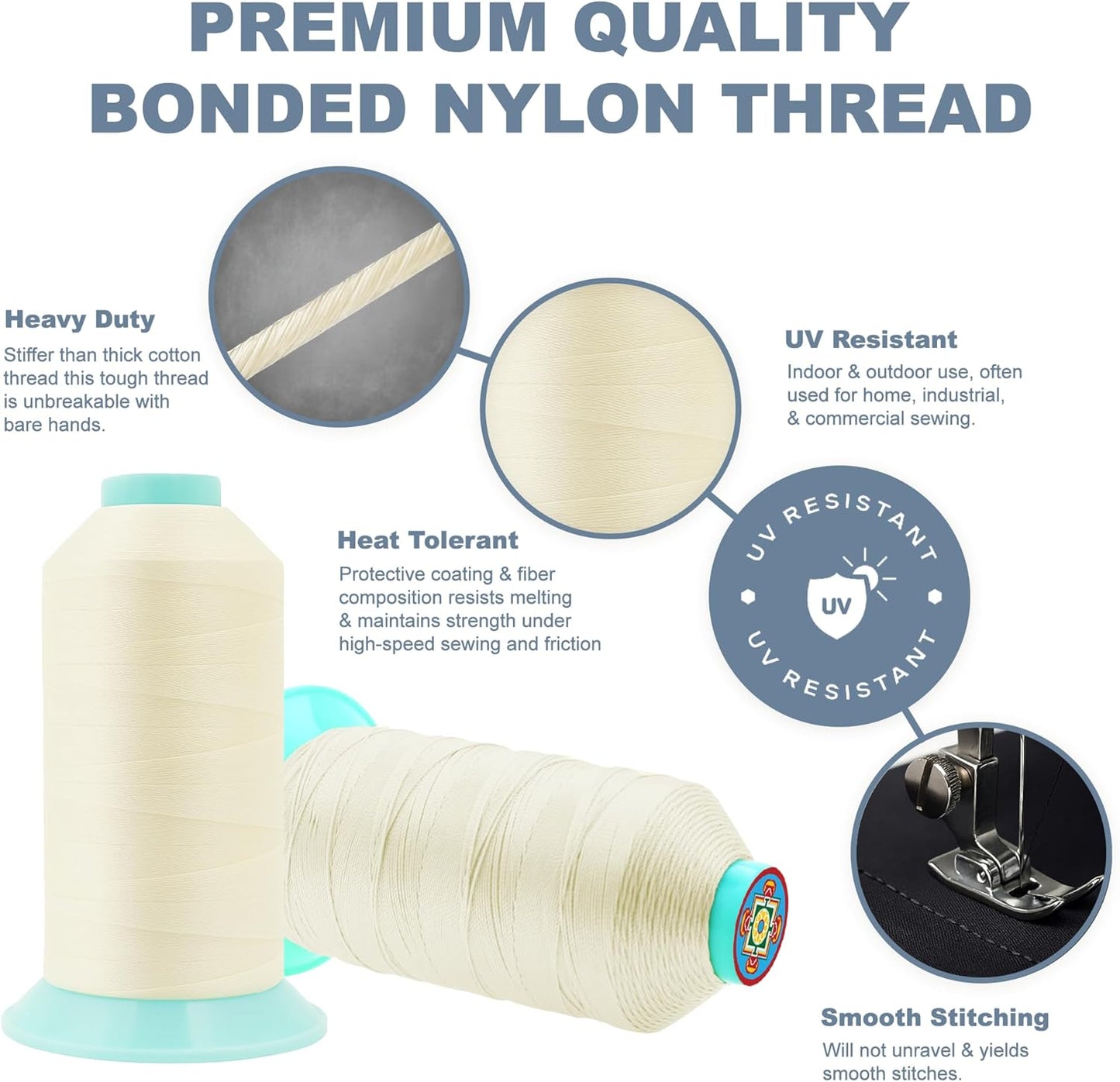 Mandala Crafts Size 207 630D T210 Bonded Nylon Thread Ivory Heavy Duty Sewing Threads - 800 YDs Tex 210 Thread for Leather, Jeans, Weaving, Outdoor Marine Upholstery Threads