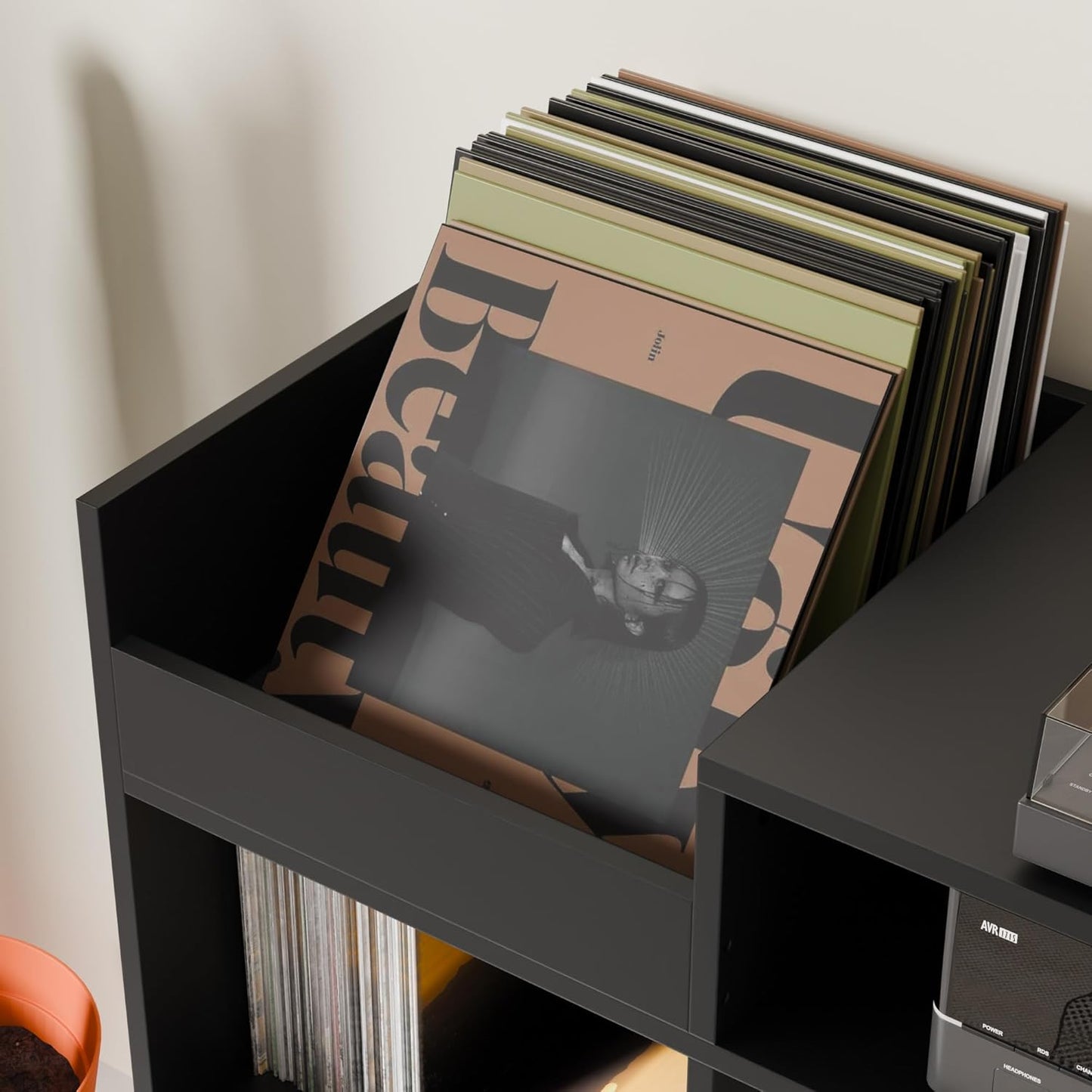 Cozy Castle Large Record Player Stand, Vinyl Storage Cabinet Mid Century Modern Turntable Stand Media Console Table Open Shelf Cube CD Album Holder Organizer for Living Room, Office, Black