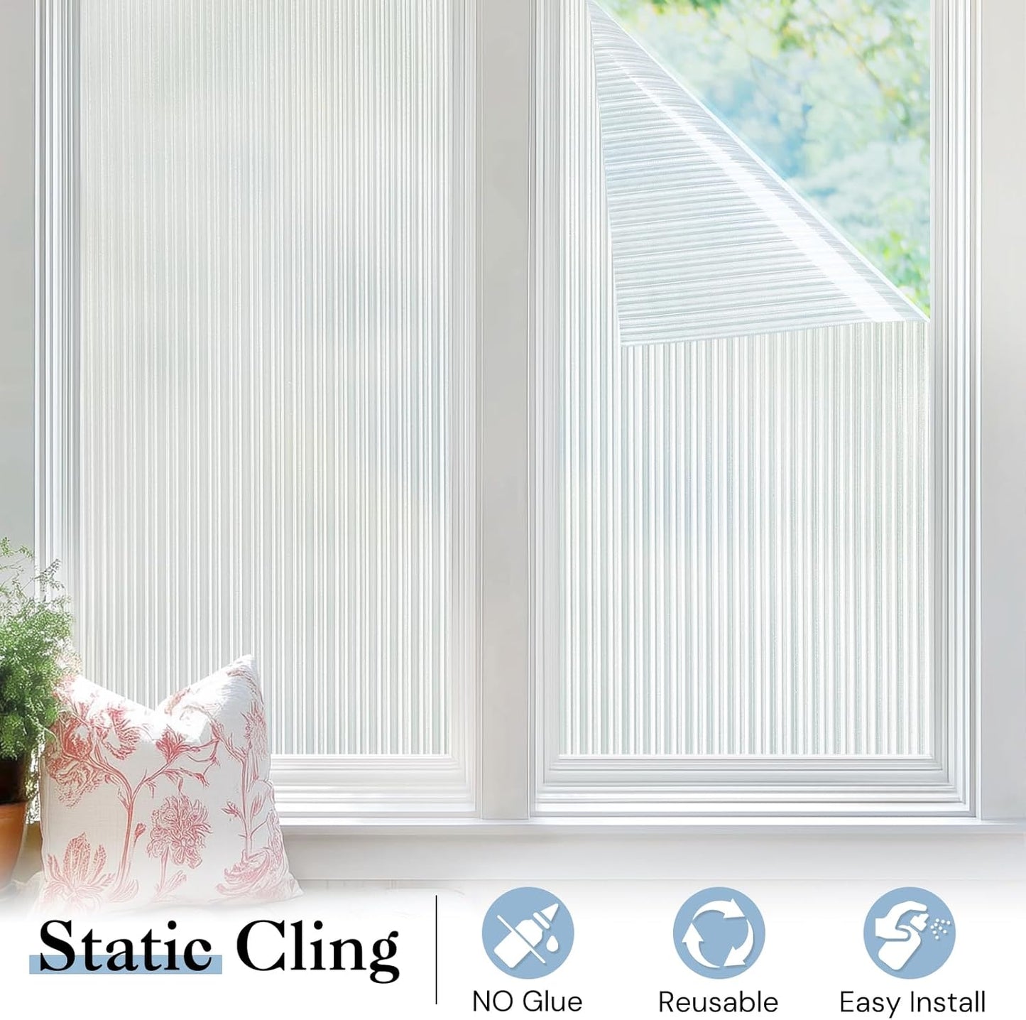Haton Reeded Glass Window Privacy Film, Frosted Glass Window Film, Static Cling UV Blocking Stickers, Decorative Removable Cover for Bathroom Door Office, Non Adhesive 23.6" x 78.7"