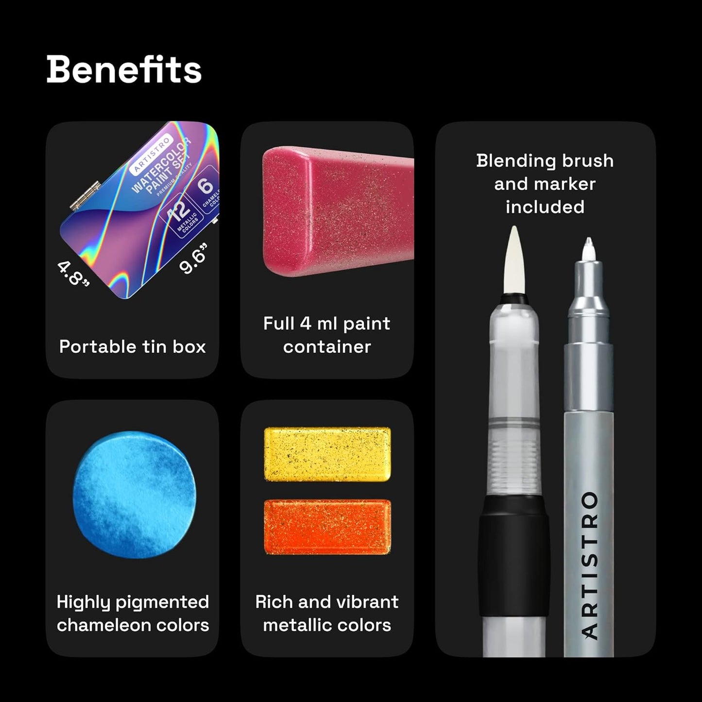 ARTISTRO Metallic Watercolor Paints Set of 18, Palette set Including 12 Metallic Glitter Watercolor and 6 Chameleon Colors. Perfect Travel Watercolor Set for Artists, Amateur Hobbyists and Painting Lovers