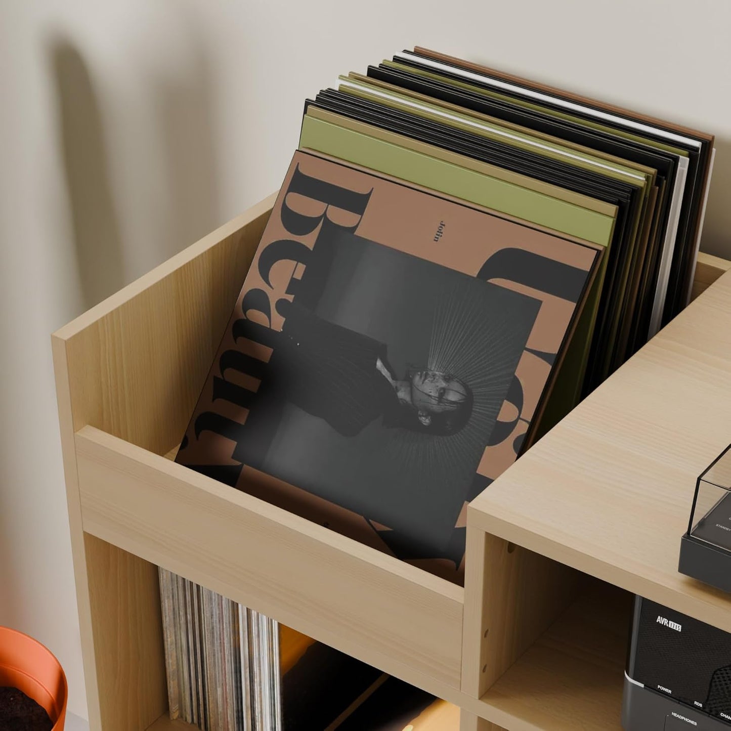 Cozy Castle Large Record Player Stand, Vinyl Storage Cabinet Mid Century Modern Turntable Stand Media Console Table Open Shelf Cube CD Album Holder Organizer for Living Room, Office, Oak