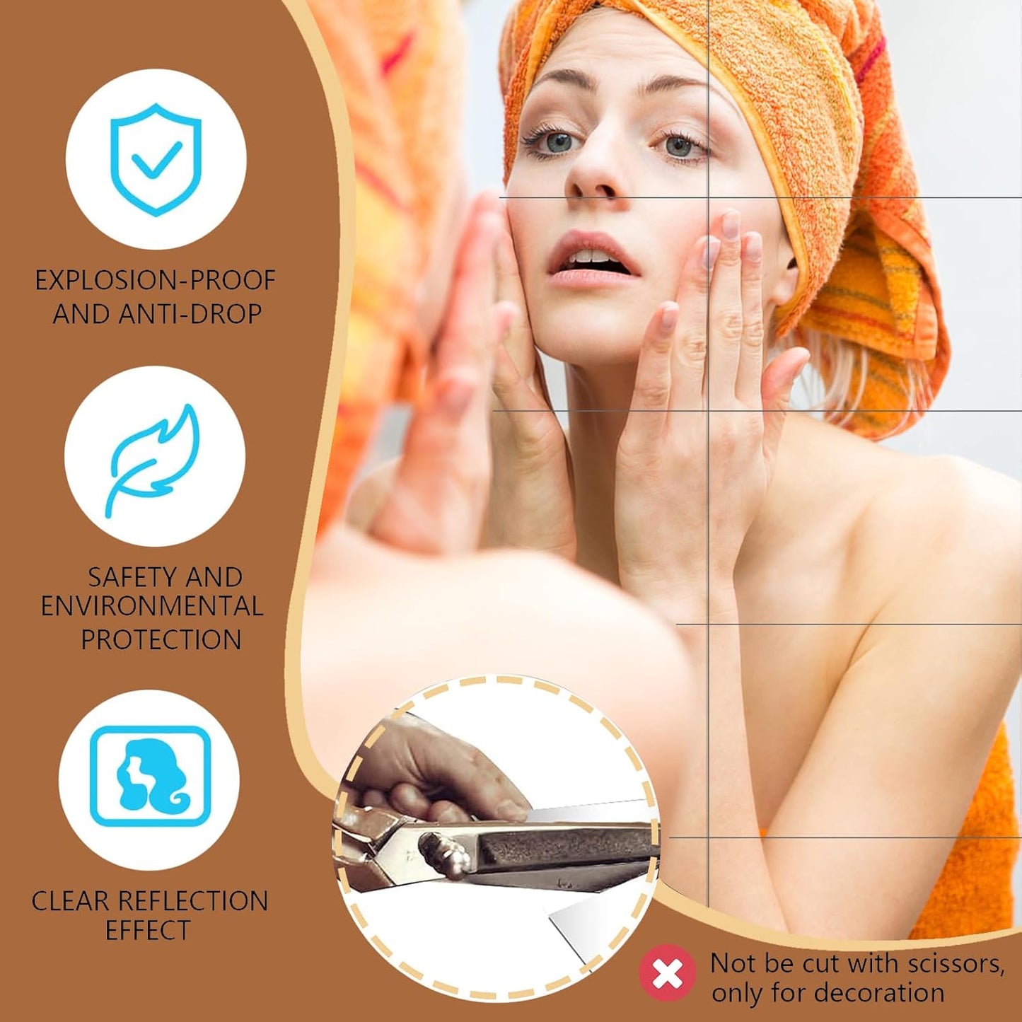 8PCS Self-Adhesive Acrylic Mirror Tiles, Flexible Wall Stickers, Frameless Non-Glass Mirror Stickers, 20 * 30cm, 2mm