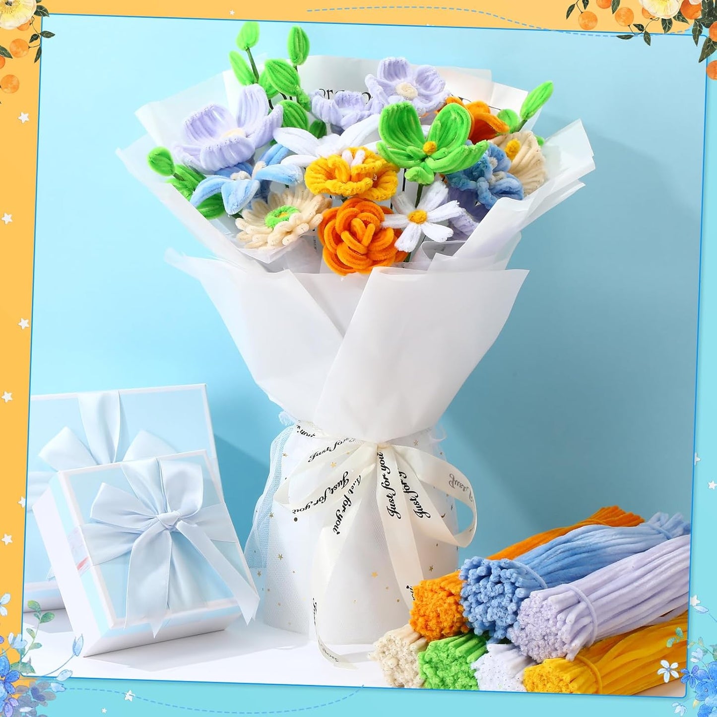 DaisyInner 700 Pcs Halloween Fall Pipe Cleaners Craft Bulk Pastel Chenille Stems Flower DIY Gradient Colored Fluffy for School Classroom Thanksgiving Christmas Party Supplies(Blue,Yellow)