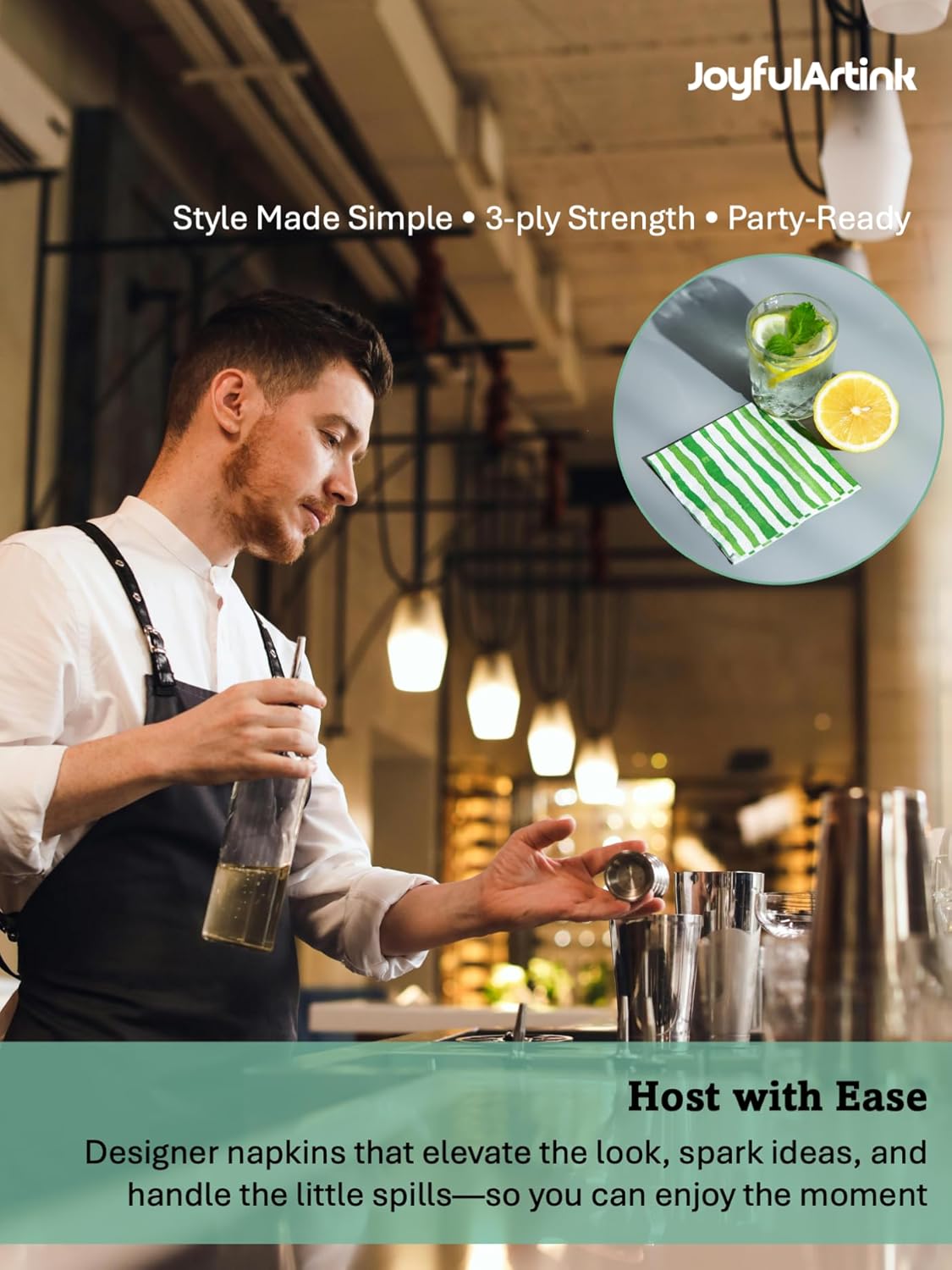 80 Pack Designer Cocktail Beverage Napkins, 3-Ply 5x5-inches Disposable Decorative Fall Winter Green and White Stripe Watercolor Napkin for Wedding Birthday Anniversary Party Baby Shower