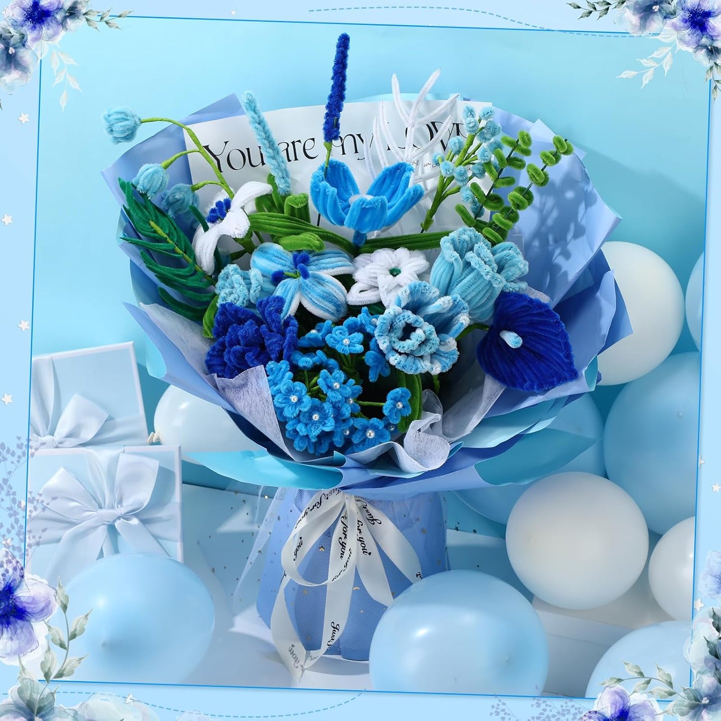 DaisyInner 700 Pcs Halloween Fall Pipe Cleaners Craft Bulk Pastel Chenille Stems Flower DIY Gradient Colored Fluffy for School Classroom Thanksgiving Christmas Party Supplies(Blue Theme)