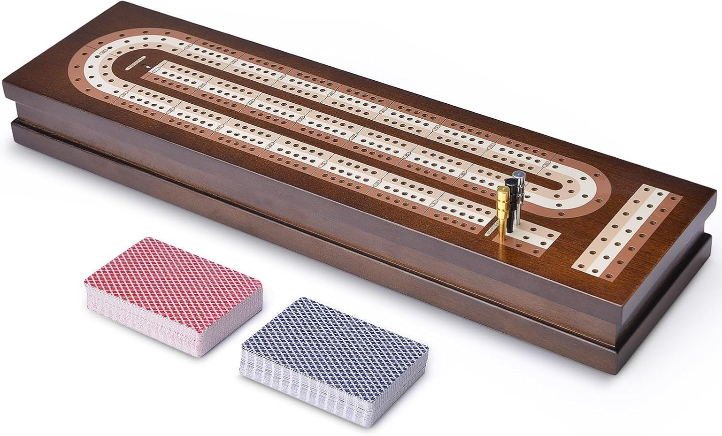 AMEROUS Wooden Cribbage Board Game Set with Magnetic Lock - Metal Pegs - 2 Playing Cards - Continuous 3 Track Board - Larger Storage Area, Travel Portable Cribbage Game Sets for Family