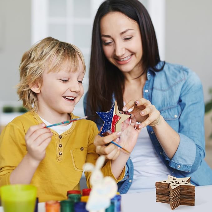 COCHIE DIY 3D 4th of July Stars Wood Crafts to Paint for Kids Adults, Paintable Unfinished Wooden Slices for Craft, Memorial Day Veterans Day Star Cutouts Ornaments for Painting Decorations (24 PCS)