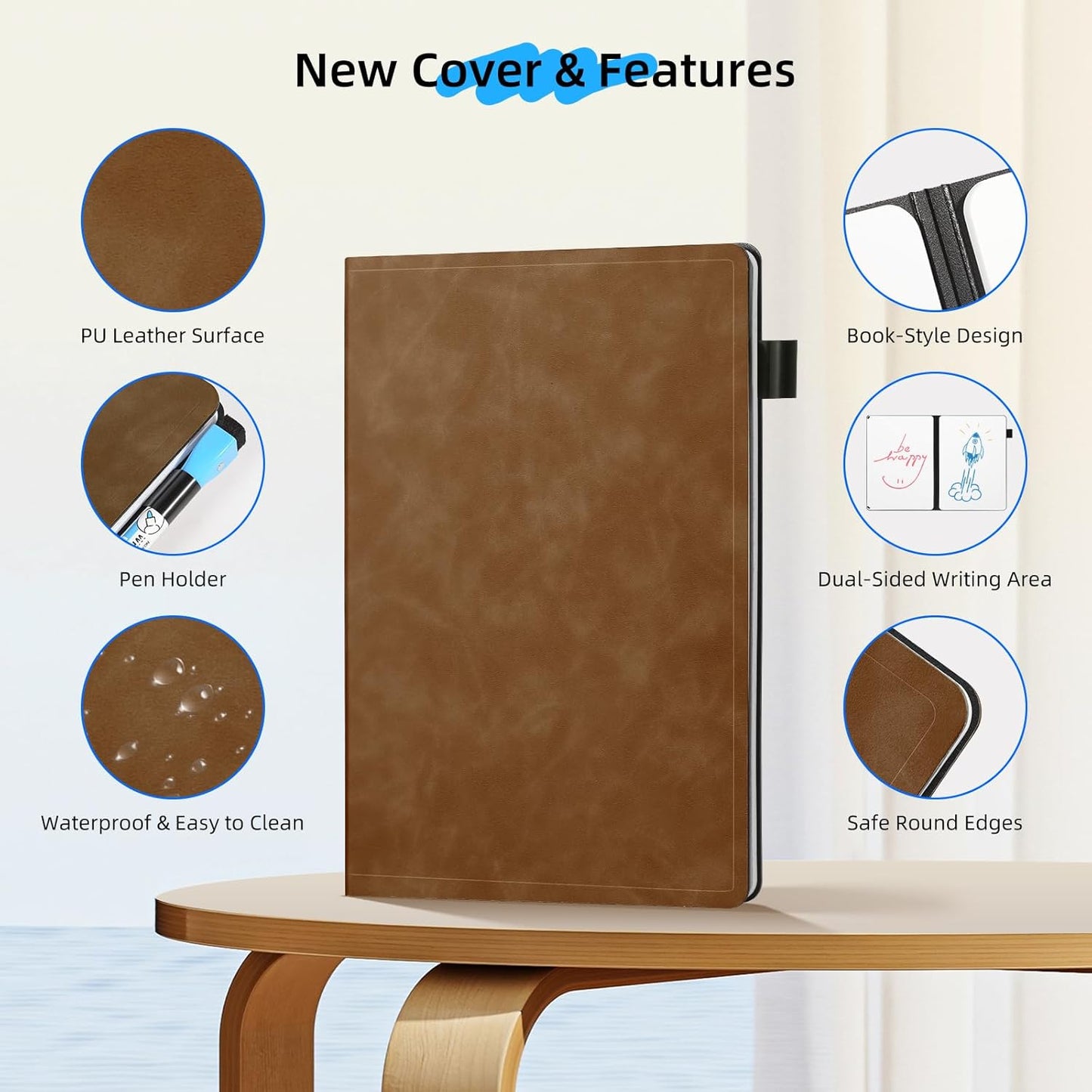 AGM Portable White Board Dry Erase Notebook, 8.4" x 6" Double Sided Folding Whiteboards with 3 Pens, Small Travel Dry Erase Board Skin-Friendly Material for Study, Meeting, Planning, Brown