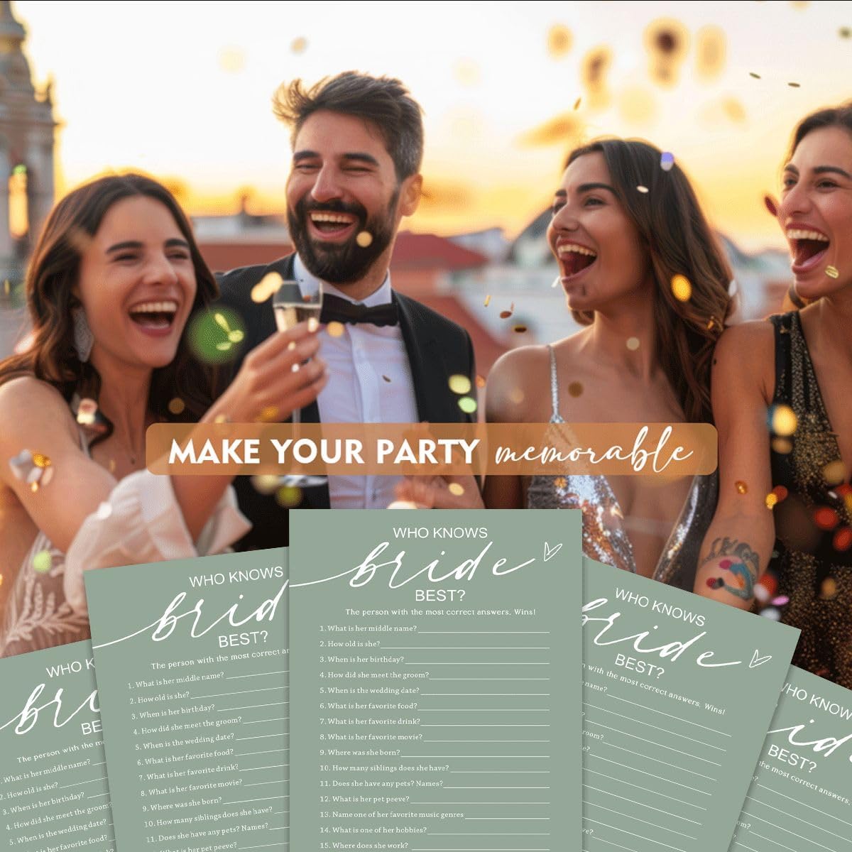 Bridal Shower Games Cards, 25 Guests, Modern, Green, Educational, Adult, Manual, English, 5 x 7 inches