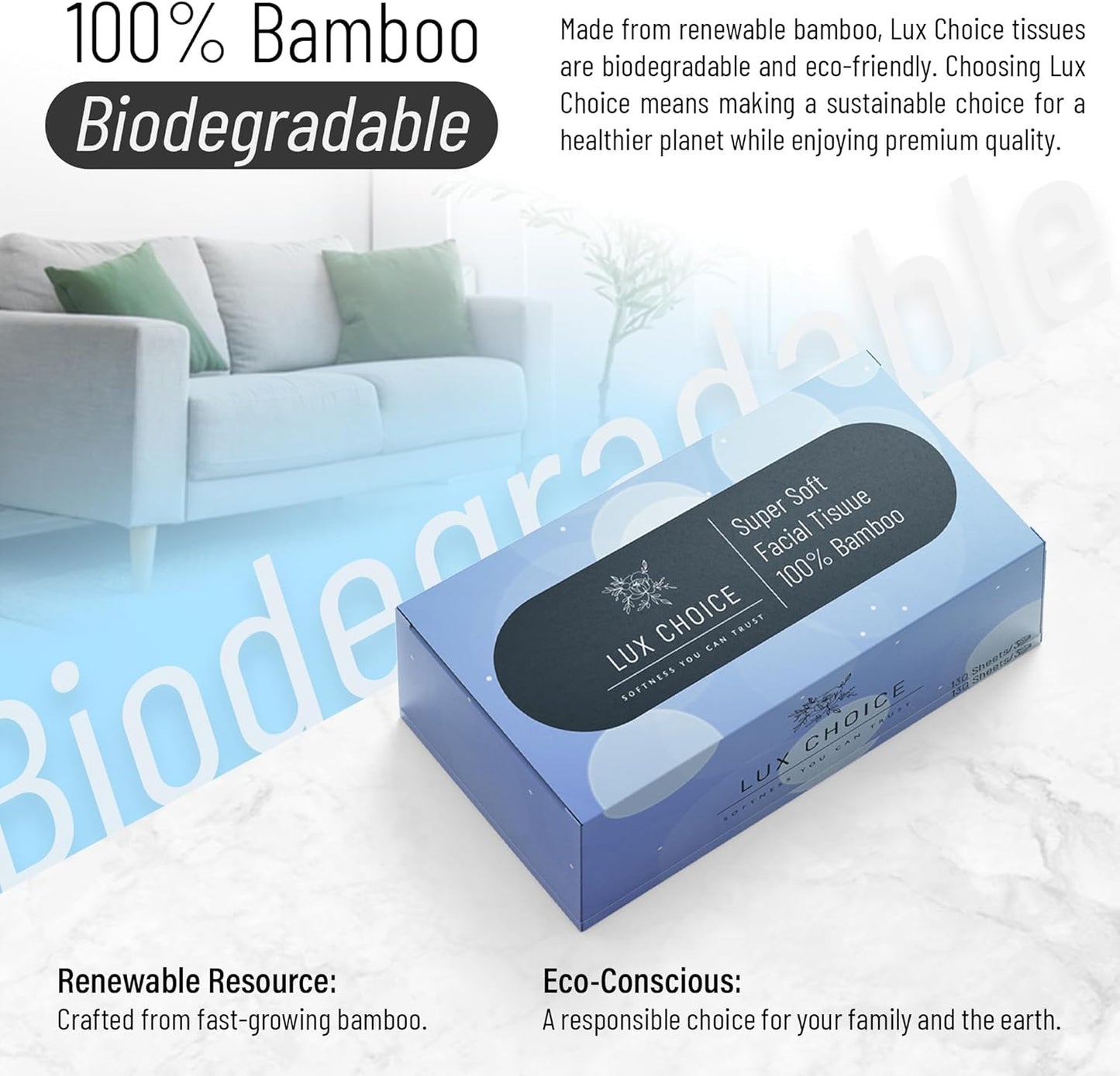Bamboo Facial Tissues – 130 Tissues per Box, 3 Ply,12 Boxes (1560 Total), Ultra Soft, Eco-Friendly & Hypoallergenic – for Home, Baby Care & Sensitive Skin