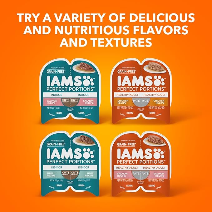 IAMS Perfect Portions Healthy Adult Wet Cat Food Pate, Chicken and Tuna Recipe Variety Pack, Easy Peel Twin-Pack Trays (12 Count, 24 Servings) (Pack of 2)