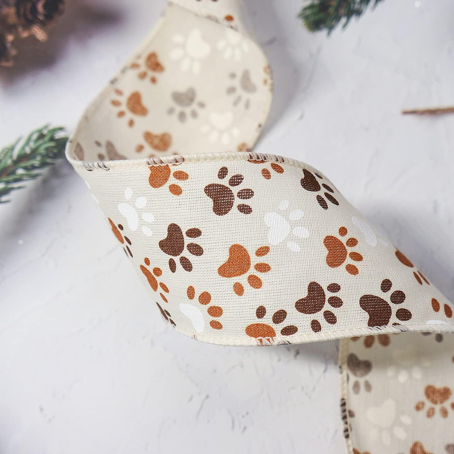 CT CRAFT LLC Ivory Canvas Dog Paw Wired Ribbon 2.5 Inch x 10 Yards for Christmas Home Decor Tree Topper Bow Gift Wrapping DIY Crafts Wreath Garland
