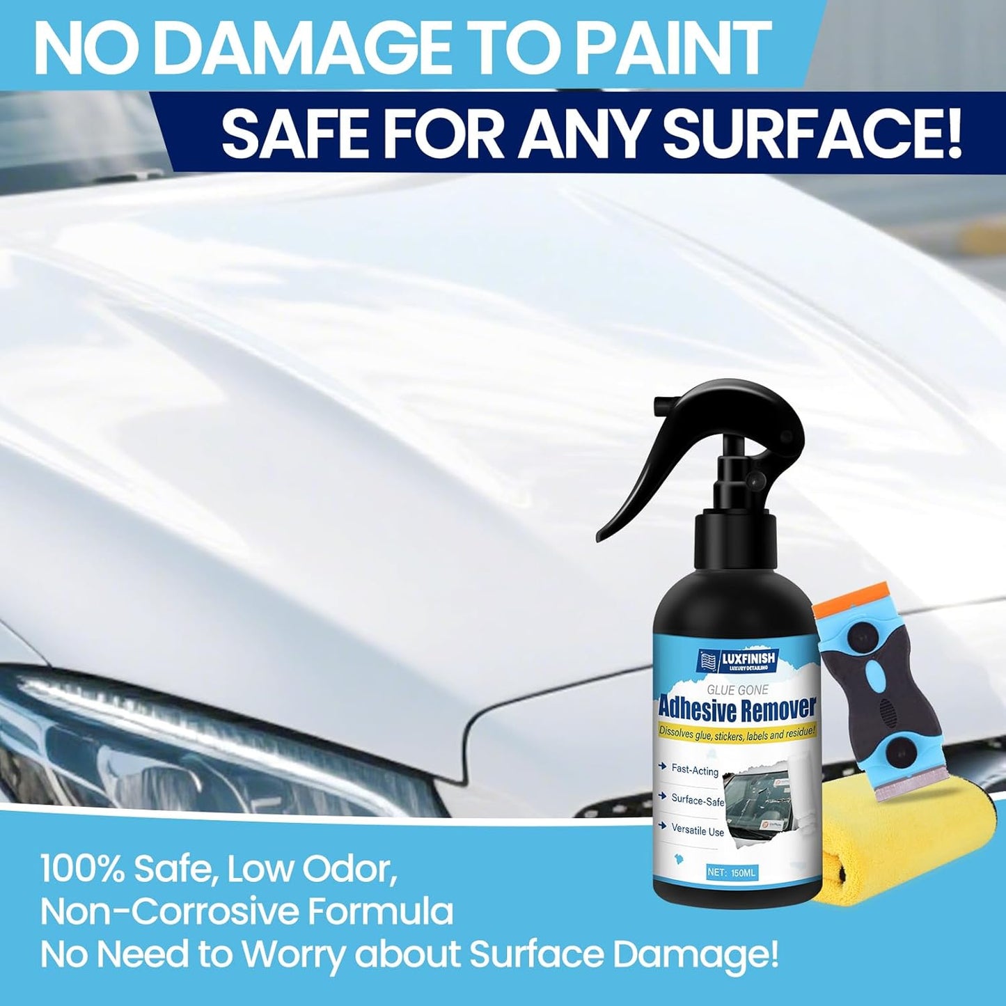 Powerful Adhesive Remover Spray - Safely and Easily Remove Glue Sticker Labels Decals Tape Residue from Car, Glass, Tile - Safe Non-Damaging Multi-Surface Formula with Scraper & Towel - 5oz/150ml
