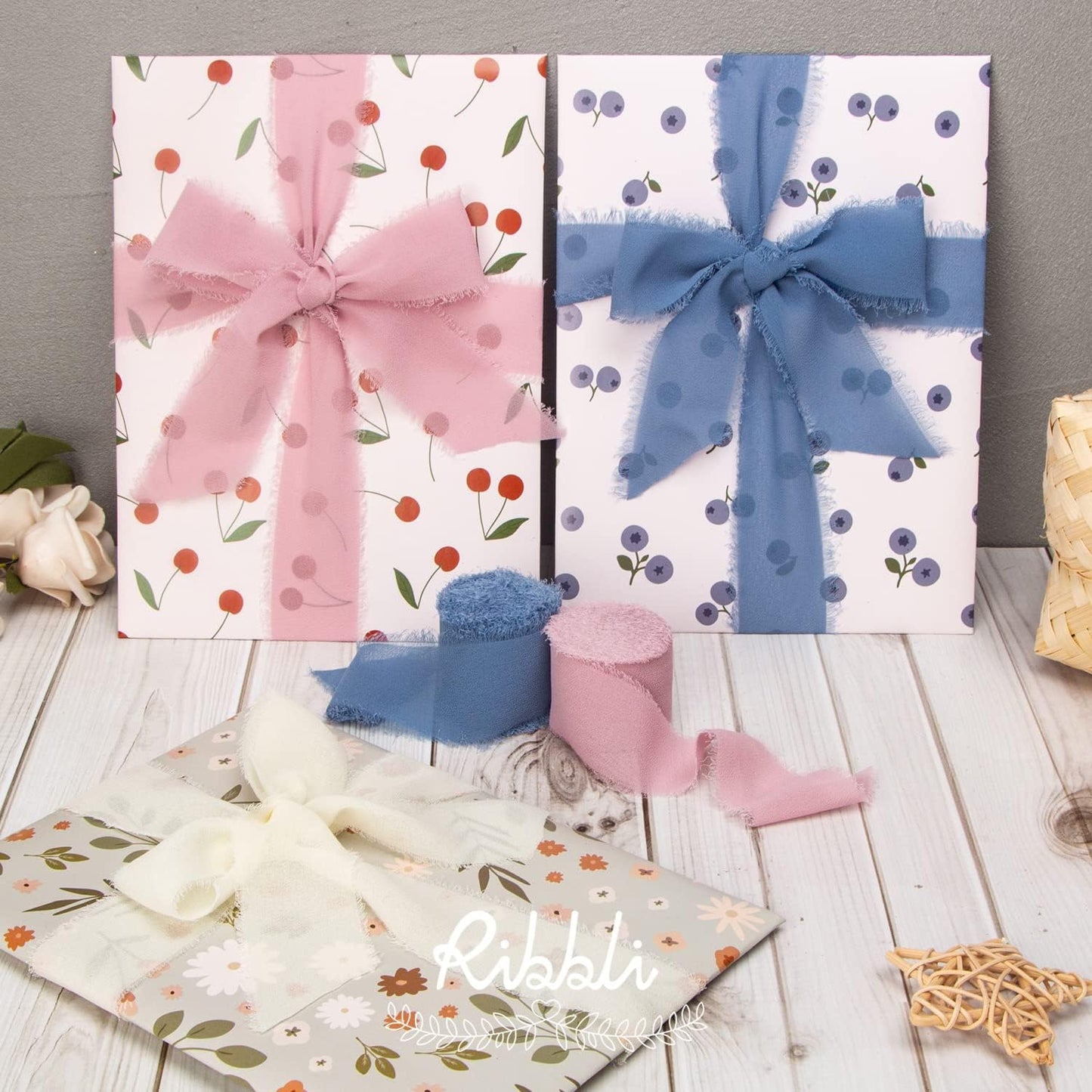 Ribbli Chiffon Silk Ribbon, 1.5 in x 30 Yards, Ivory/Dusty Rose/Dusty Blue Fringe for Wedding Invitations, Bridal Bouquets, Flower Arrangements