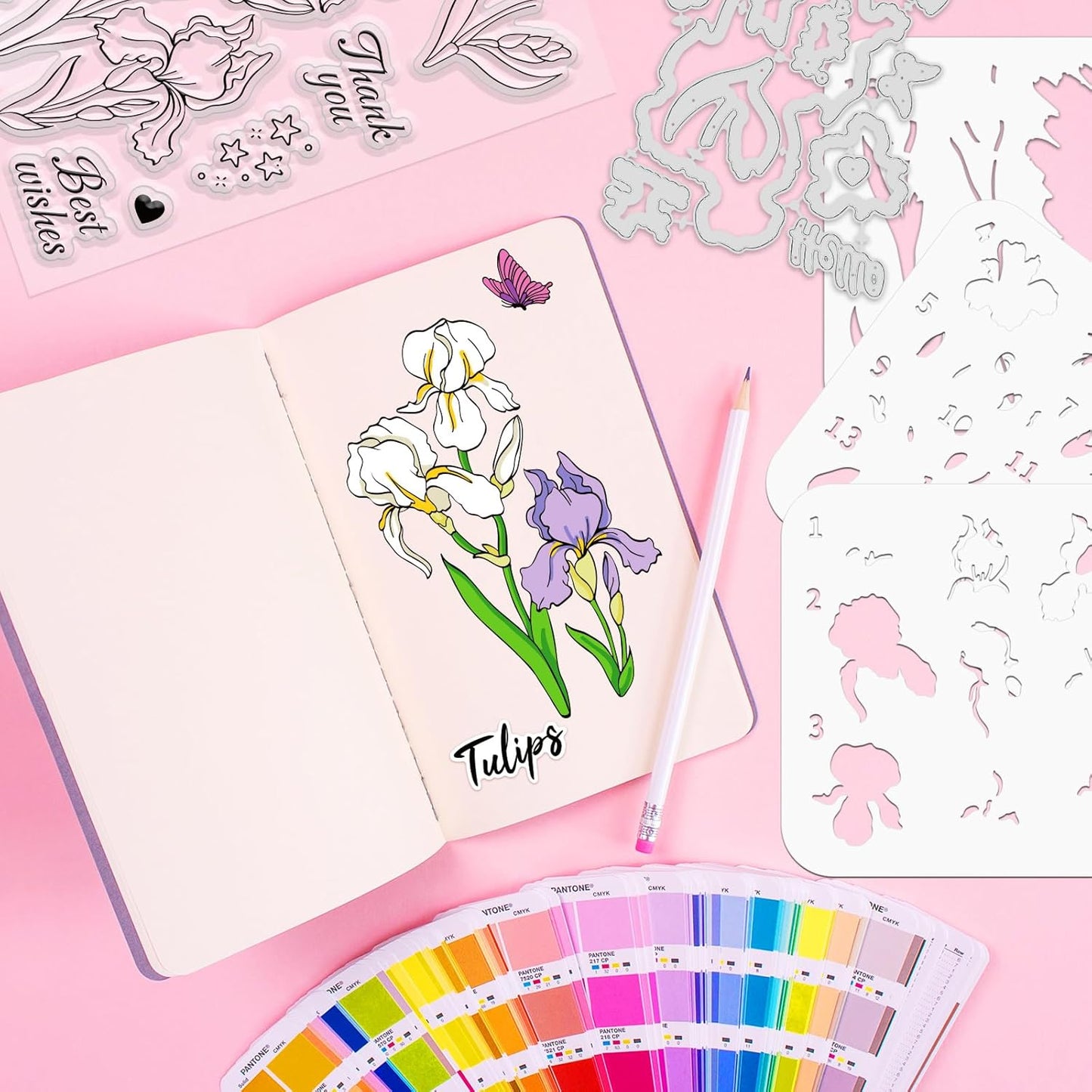 ORIGACH Iris Layering Stencil Stamp and Die Set for Card Making, Flower Stencil Template Silicone Clear Stamps and Metal Die Sets for DIY Scrapbooking Photo Album Crafting