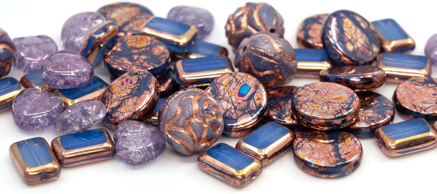 2.1oz (60g) of Glass Focal Bead Mix with Roses, Table-Cut and Cracked Czech Beads, PG Blue Copper Violet