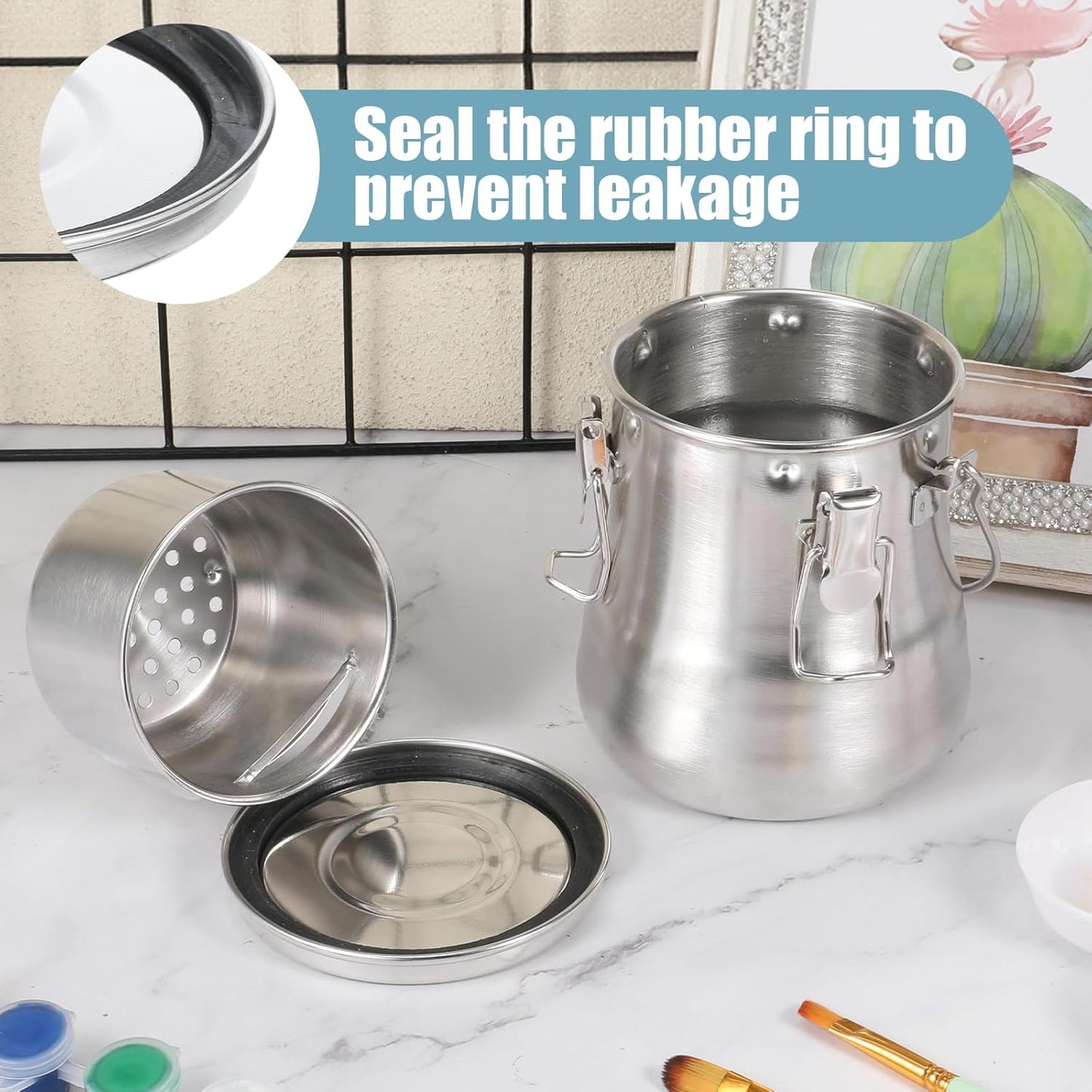 Portable Paint Brush Cleaner Leak-Proof Brush Cup Washer Large Airtight Stainless Steel Brushes Holder with Removable Filter and Lid for Oil Acrylic Watercolor Painting, 25 oz