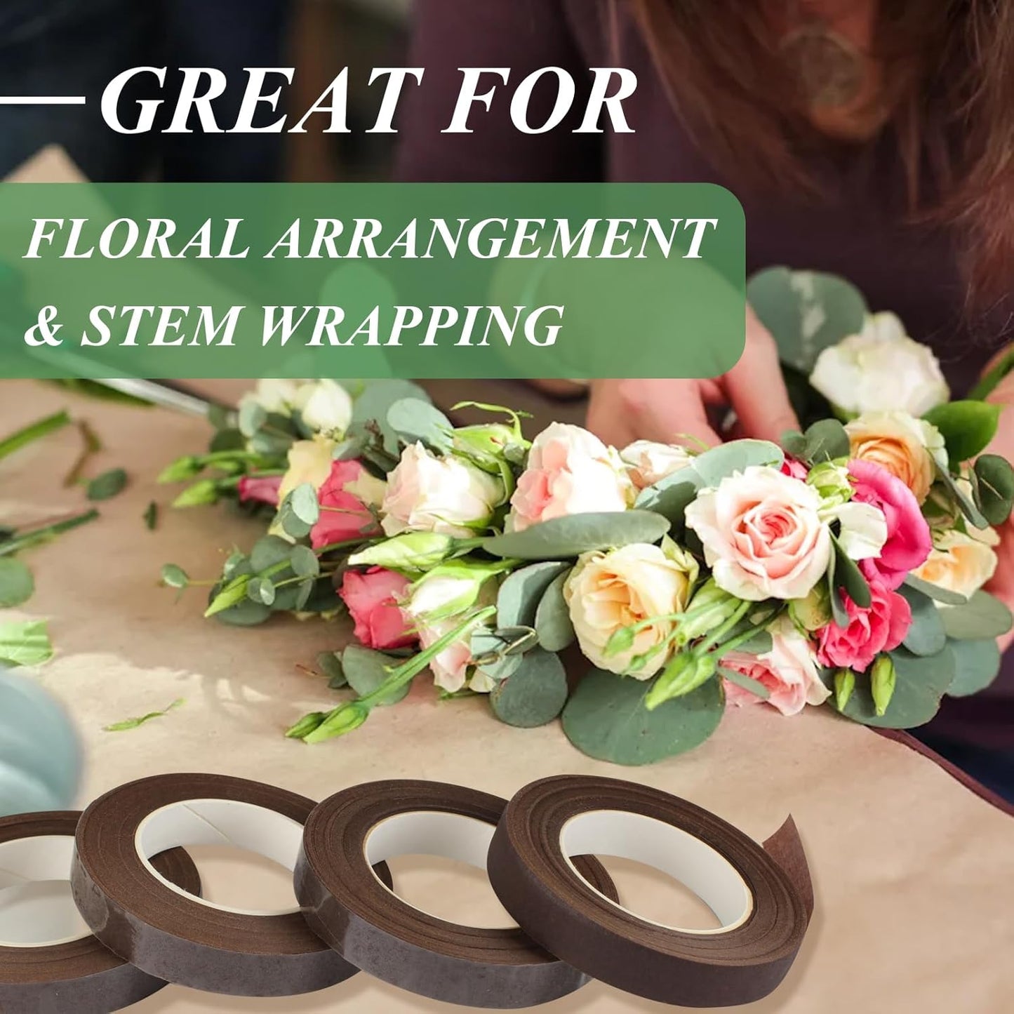 Phinus 9 Rolls Floral Tape, 1/2 Inch x 30 Yard Flower Tape, Green Floral Tape for Floral Crafts Supply, Bouquet Stem Wrapping, Wedding Bouquet (Brown)