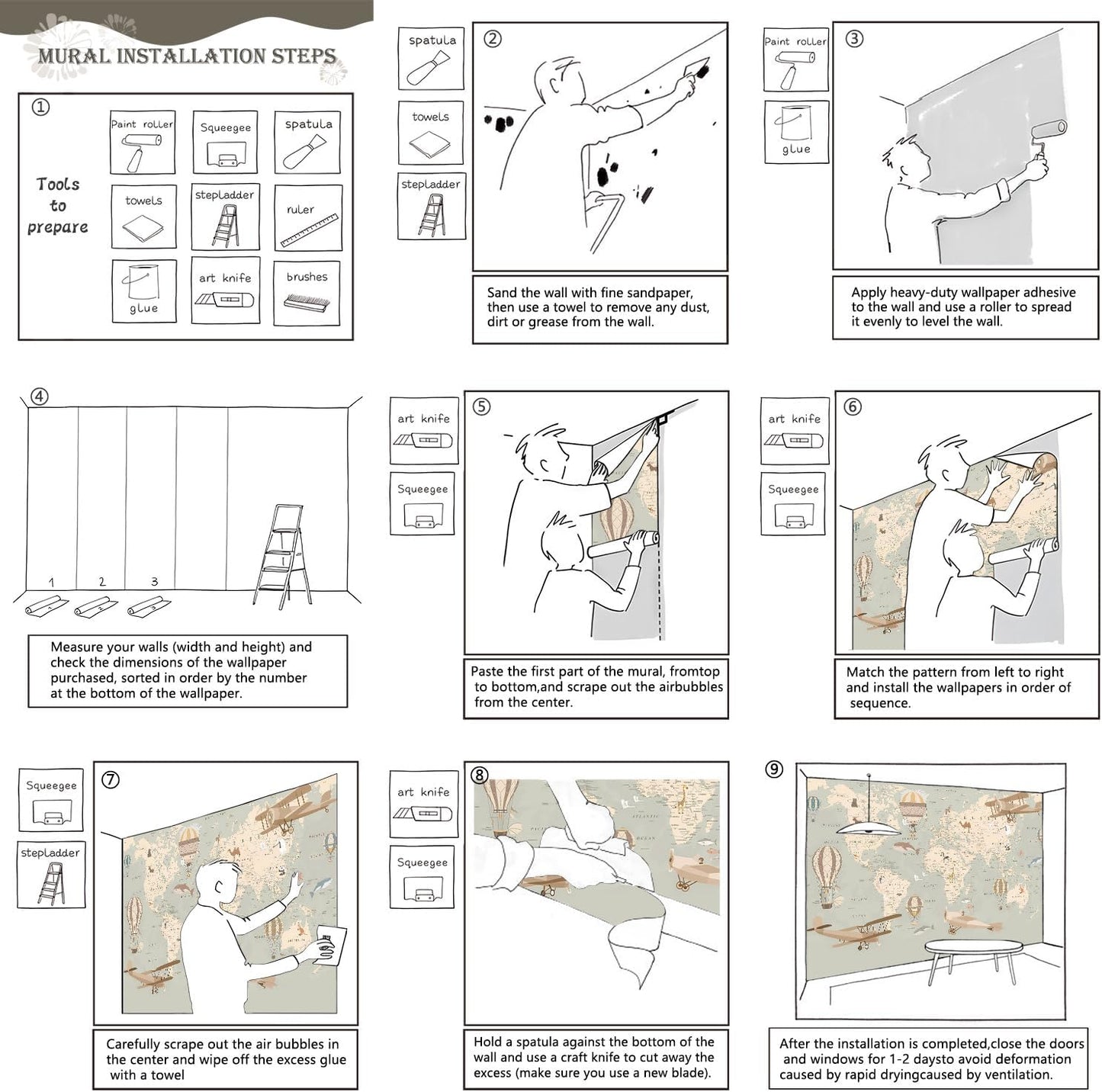 AFZEVEB-Vintage Animal Wallpaper Cartoon Aircraft Map Wall murals for Kids Room 182"x120"(Not Peel and Stick)