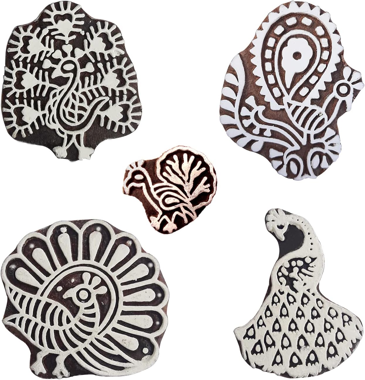 Royal Kraft Peacock Wooden Printing Stamps (Set of 5) - DIY Henna Fabric Textile Paper Clay Pottery Blocks Htag2215
