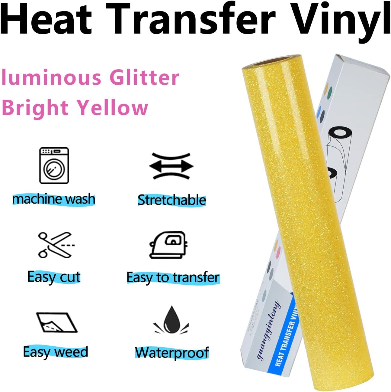guangyintong Glow Glitter Gold Heat Transfer Vinyl HTV Rolls, 12" x 8ft Iron on Vinyl for T-Shirts, Glitter HTV Vinyl for All Cutter Machines Easy to Cut & Weed for DIY Design