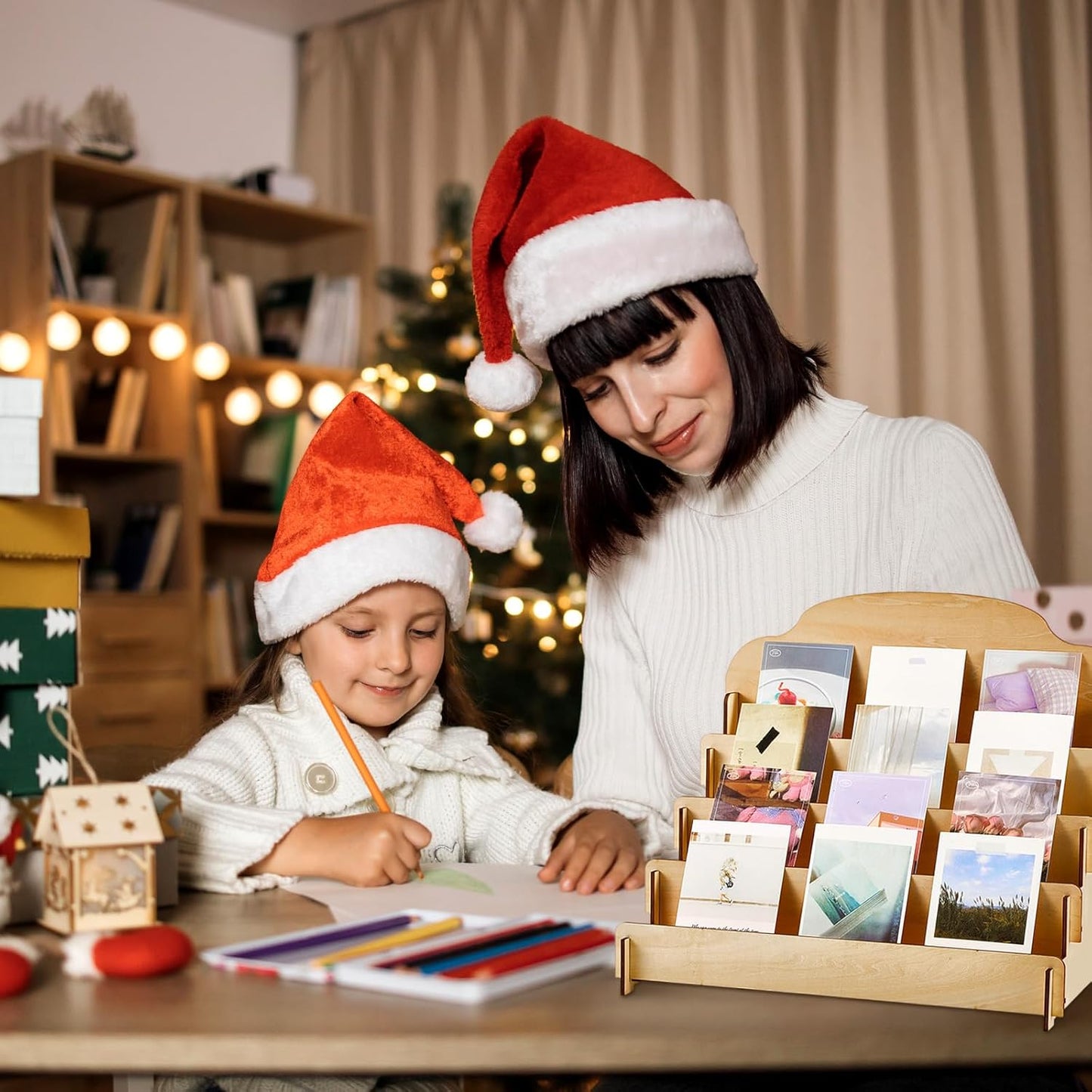 Barydat 2 Pcs 4 Tier Greeting Card Display Stand Wooden Sticker Display Stand Portable Card Display Rack for Vendors Retail Counter Table Display Trade Shows Showcase (Wood Color,15.8 Inch)