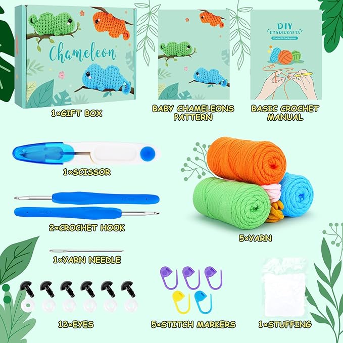 Fortuning's JDS Crochet Kit for Beginners - 3 PCS Baby Chameleon Crochet Kits with Step-by-Step Video Tutorials, Beginner Crochet Kit for Adults Kids, Chameleon Crocheting Set (Orange&Blue&Green)