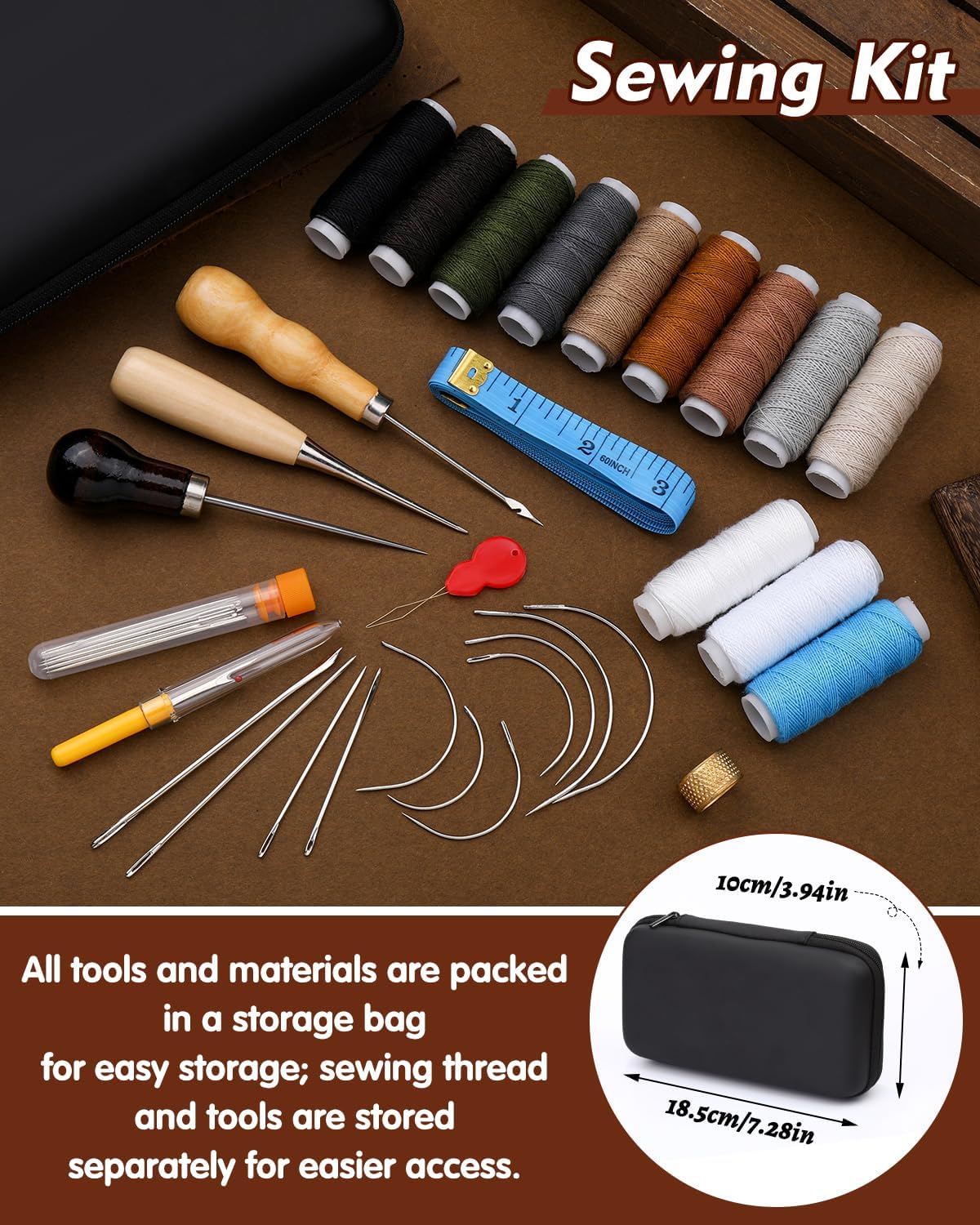 BAGERLA Heavy Duty Sewing Kit, 48pcs Needle and Thread Kit with Upholstery Thread Needles Sewing Awl Seam Ripper, Upholstery Repair Sewing Kit for Car Seats Carpets Shoes Backpacks DIY Crafting