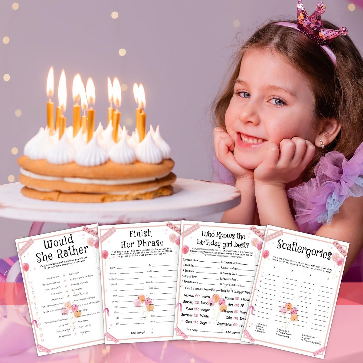 Birthday Party Games Set for Girls, Funny Girls Party Game, Girl Birthday‘s Supplies, Activity, Decorations, Includes Who Knows the Birthday Girl Best, Scattergories, 20 Double Sided Games Cards