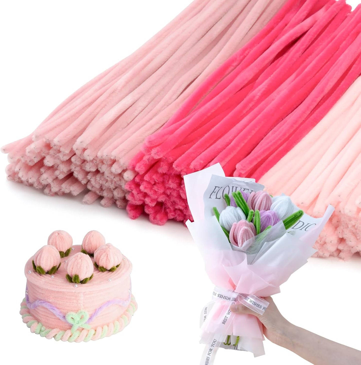 Caydo 300 Pieces Pink Pipe Cleaners, Thick Fluffy Chenille Stems, Pipe Cleaner Crafts for Arts & Crafts, Perfect for Making Animals, Flowers, and Festive Decorations