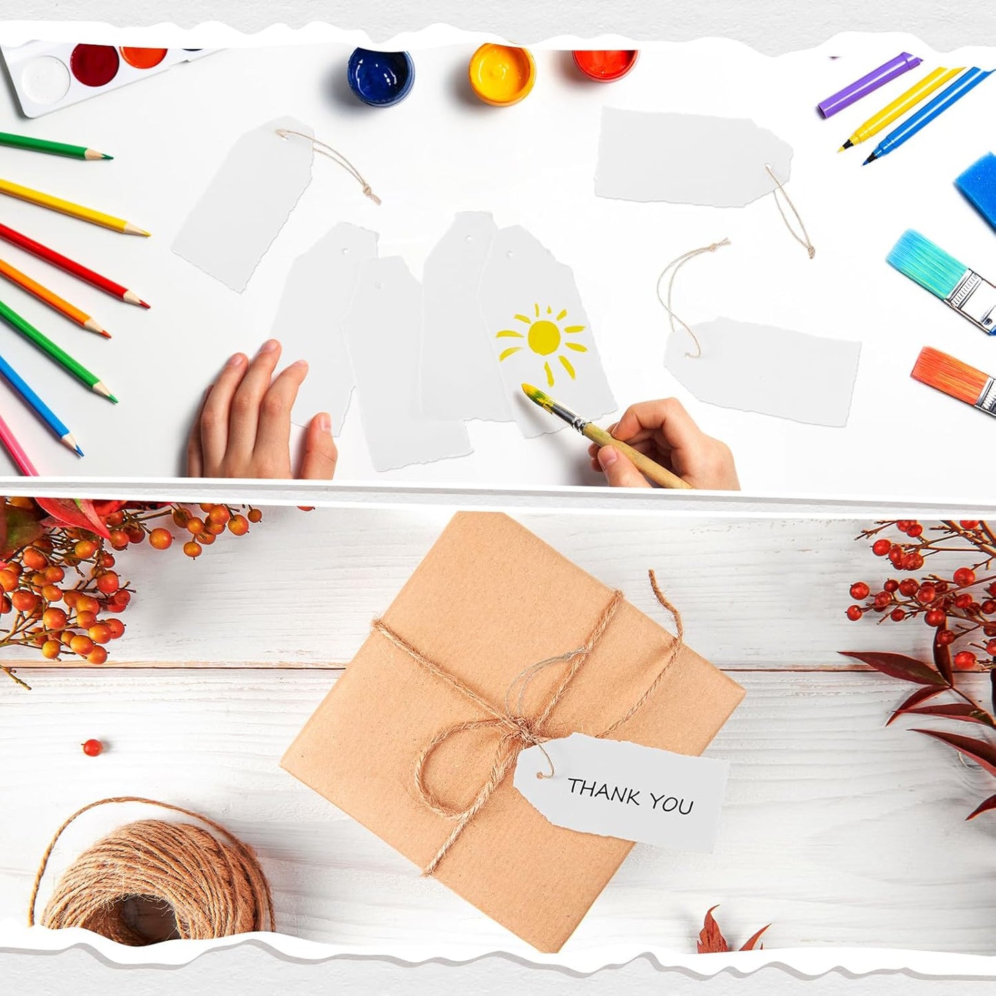 50 Pack Handmade Vintage Deckle Edge Tags with String 3.75 x 1.75 Thick 160 GSM Cotton Gift Tags with String Attached for Name Cards Place Cards Arts Crafts Gift(White)