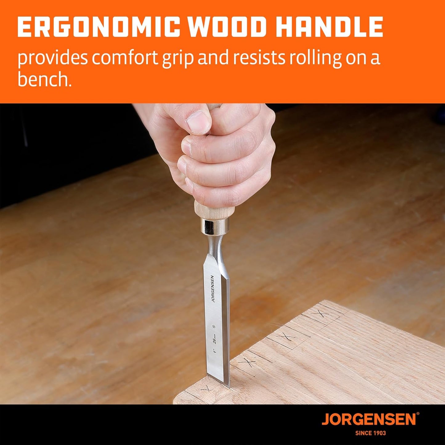 Jorgensen 4-Piece Wood Chisel Set, Chromium Alloy Steel Beveled Edge Wood Chisels, Wood Chisels for Woodworking, Ergonomic Hardwood Handle with Metal Ferrule, 1/4", 1/2", 3/4", 1"