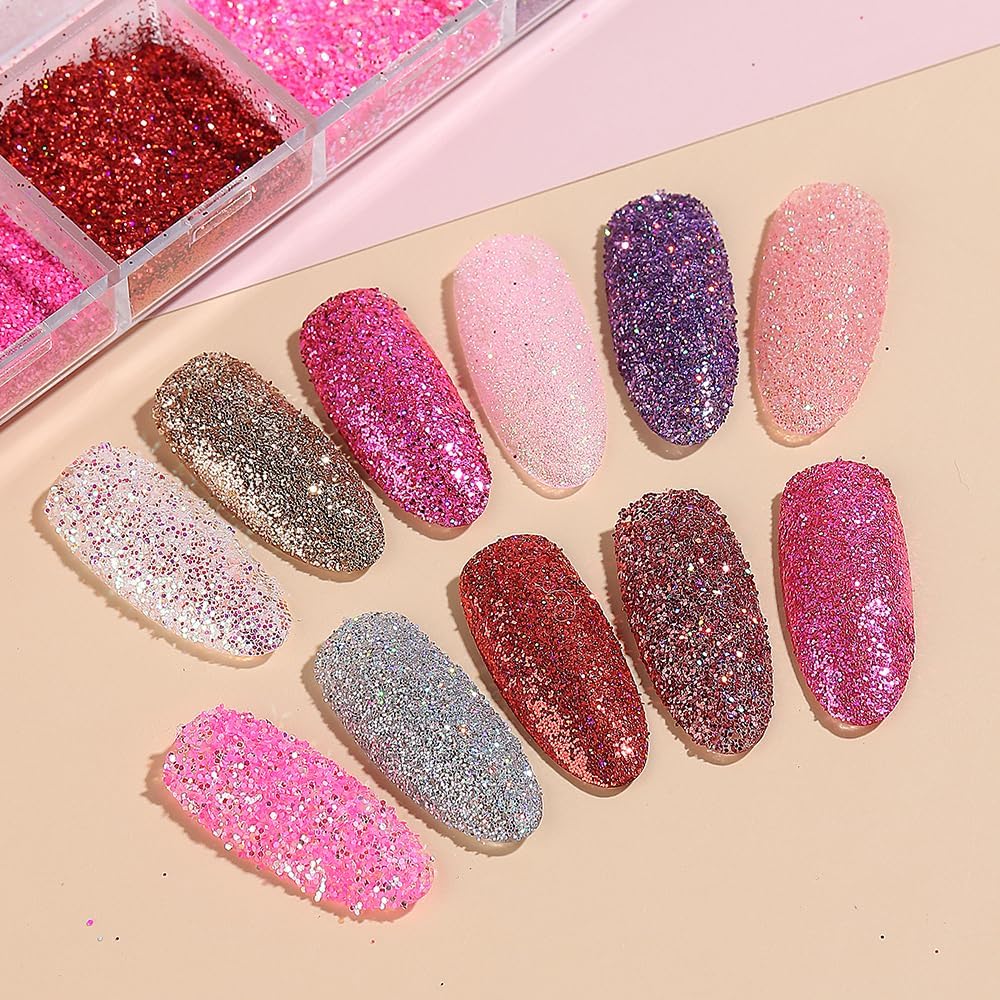 Holographic Sugar Glitter Powder for Nails, 12 Colors Iridescent Sugar Nail Dipping Powder Pigment Ultra Fine Sparkle Nails Gel Polish Glitter Dust Manicure Decoration for Home DIY Salon