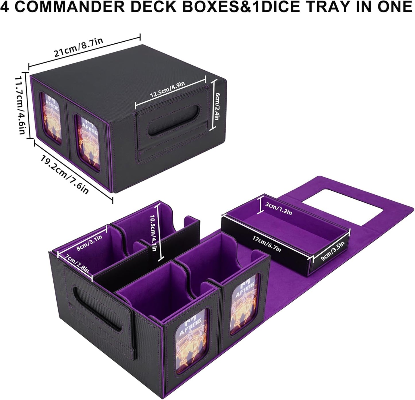 AFIING Commander Deck Box for MTG/EDH, Fits 400+ Double-Sleeved Cards, with Display Window, 4 Removable Deck Cases, Dividers, Dice Tray & Handle, Card Holders for TCG (Black Purple)