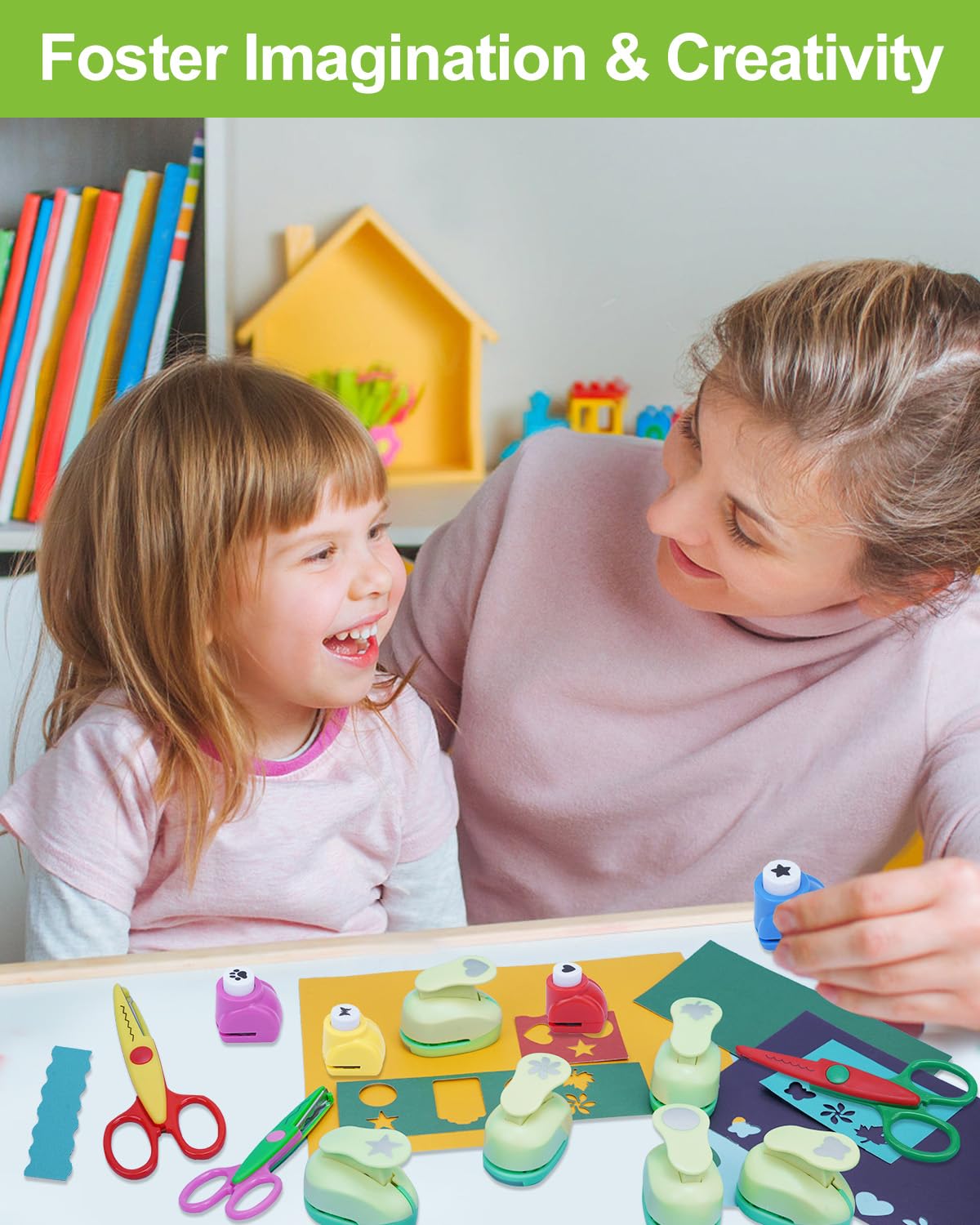 UCEC Paper Punches for Crafting, 3 Pcs Craft Scissors Decorative Edge, 6 Pcs 1 Inch Paper Puncher, 4 Pcs 3/8 inch Hole Punch, Circle Heart Star Shapes Puncher Scissors Sets