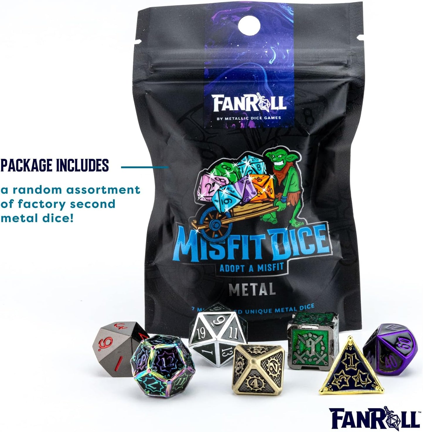 FanRoll Mystery Misfit Metals: Bag of 7 Assorted Polyhedral 16mm Metal Dice
