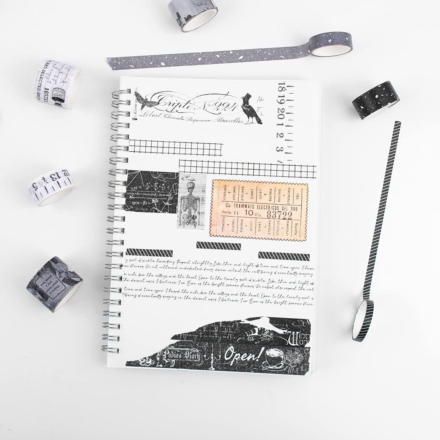 Dizdkizd Black and White Washi Tape Set, 20 Rolls Gothic Aesthetic Japanese Washi Tape Wide Scrapbooking Supplies Decorative Tape for Journaling, Planner, DIY Crafts