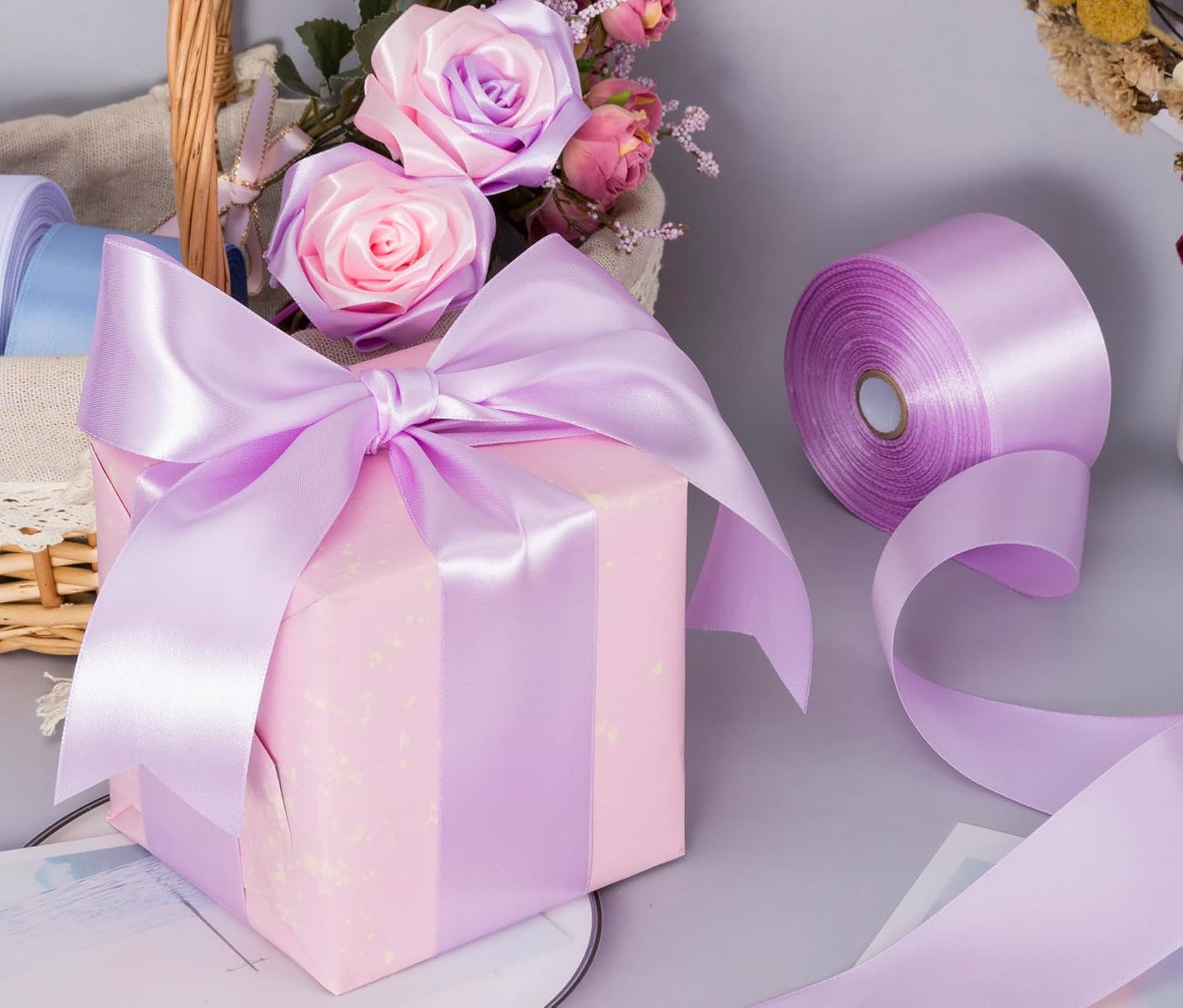 2 Inch Lilac Solid Satin Ribbon, 50 Yards Craft Fabric Ribbon for Gift Wrapping Floral Bouquets Wedding Party Decoration