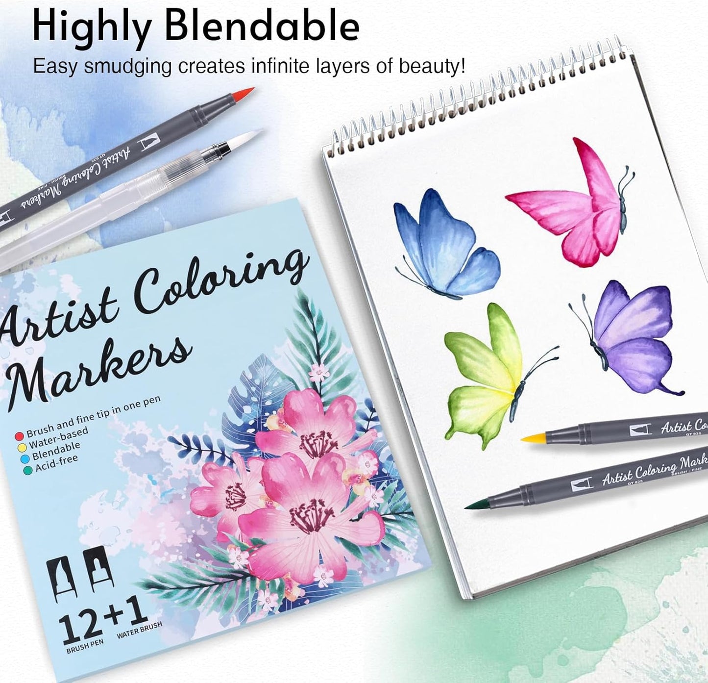 12 Colors Blendable Watercolor Markers 2025 Upgrade Double Tip Paint Pens with 1 Water Brush Pen Water Based Coloring Pens Drawing Markers Set with Flexible Brush Tip for Artists and Beginners