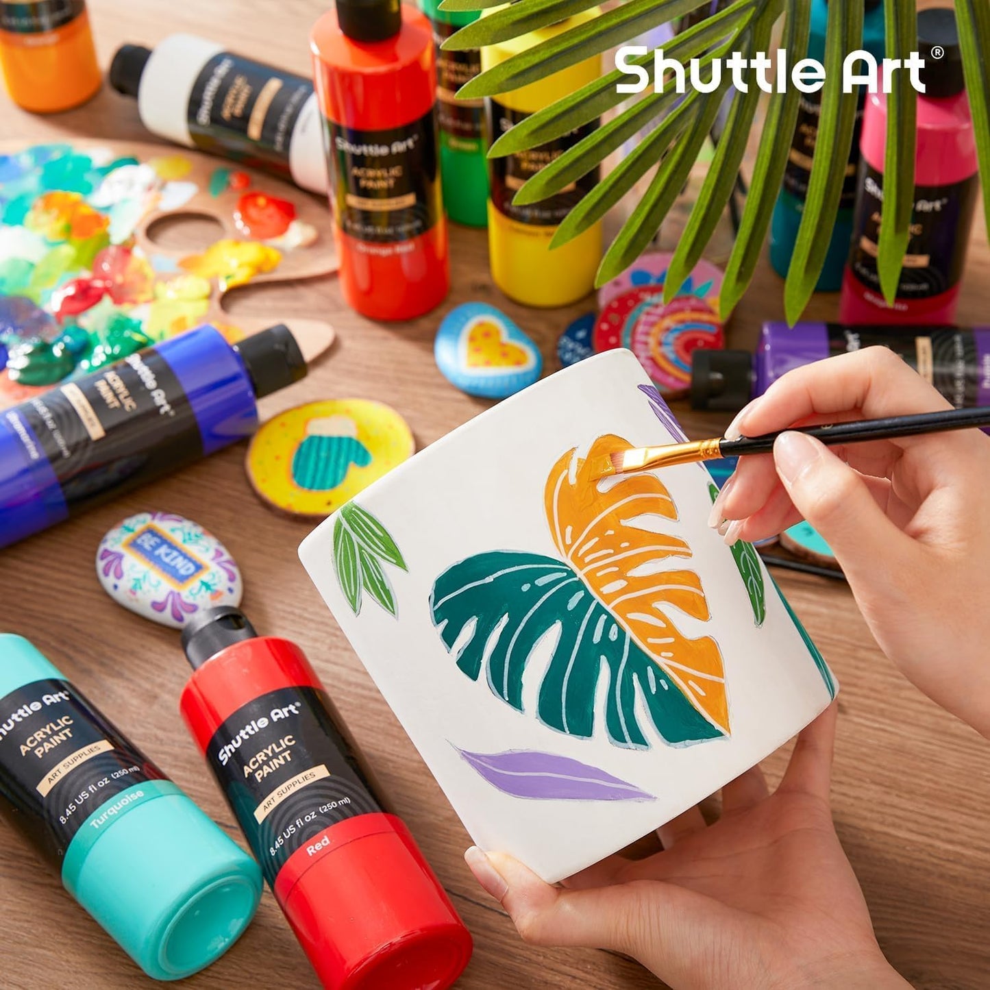 Shuttle Art 18 Colors Acrylic Paint Bottle Set (250ml/8.45oz), Rich Pigmented Bulk Painting Supplies for Artists, Beginners and Kids on Rocks Crafts Canvas Wood Ceramic