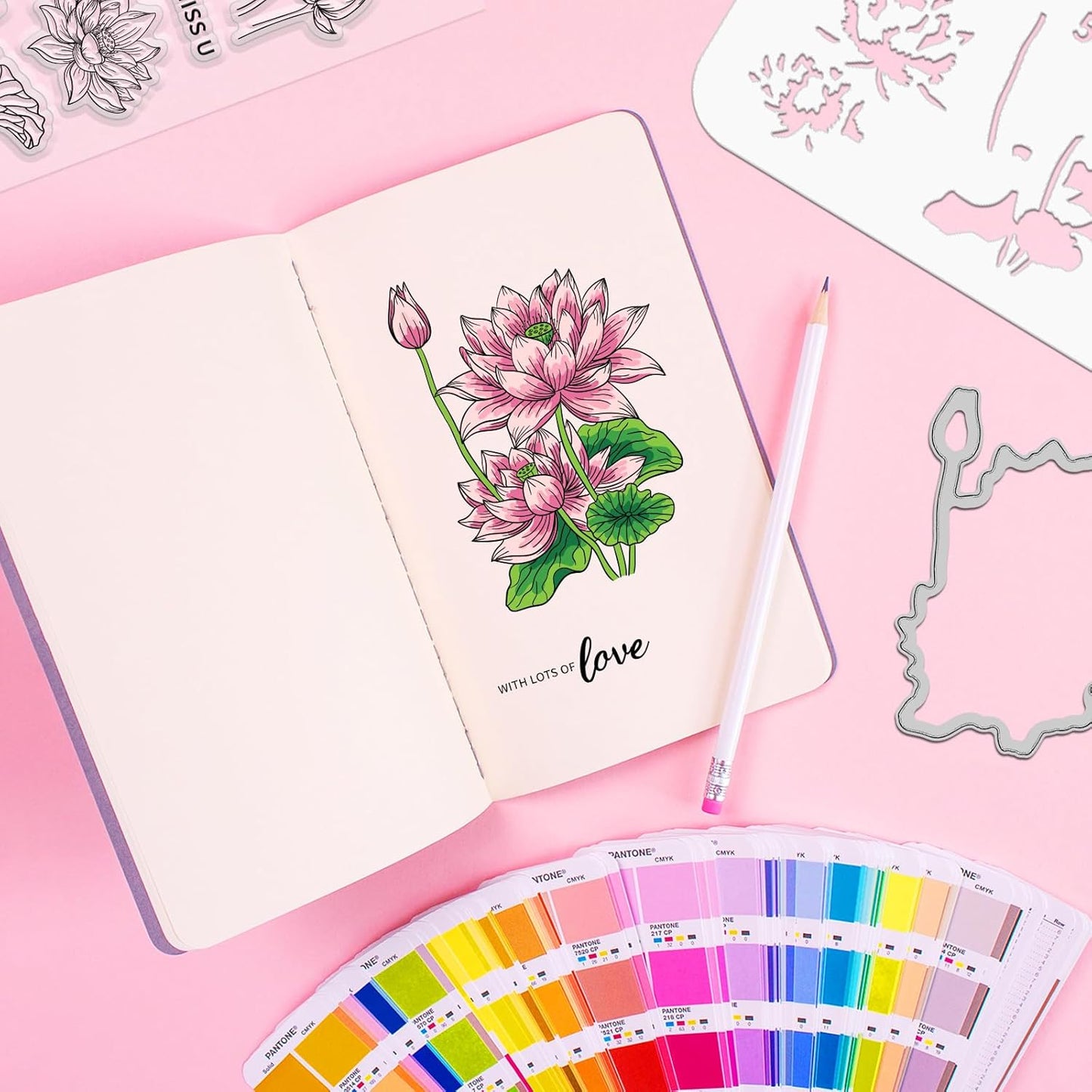 ORIGACH Lotus Layering Stencil Stamp and Die Set for Card Making, Flower Stencil Template Silicone Clear Stamps and Metal Die Sets for DIY Scrapbooking Photo Album Crafting