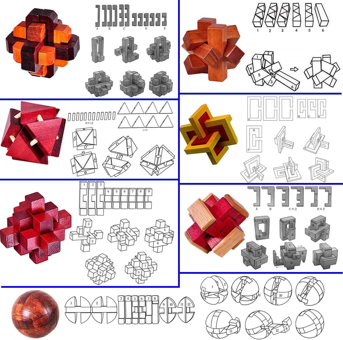 18 Pack Wooden Brain Teaser Puzzles Wooden Burr Puzzles Brain Teaser Puzzle with Gift Packing Box Magic Puzzle Games Toys for Kids and Adults by AHYUAN (Classical Wood)