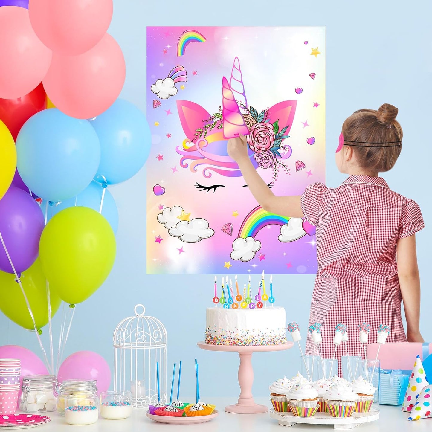 ASTARON Pin The Horn on The Unicorn Game for Kids Birthday Party, Unicorn Party Game with 30 pcs Horn Stickers Birthday Party Supplies for Wall Home Room Decorations