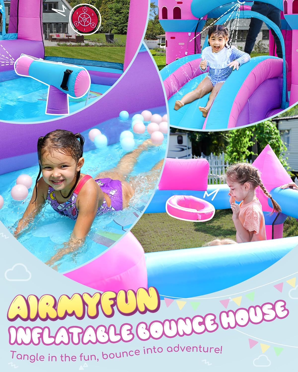 AirMyFun Pink Inflatable Waterslide, Water Bounce House for Big Kids 3-12 in The Backyard- Water Bouncy House for Wet and Dry, Splash Pool - Sturdy Outdoor Bouncer/Castle - Includes Blower& Repair Kit