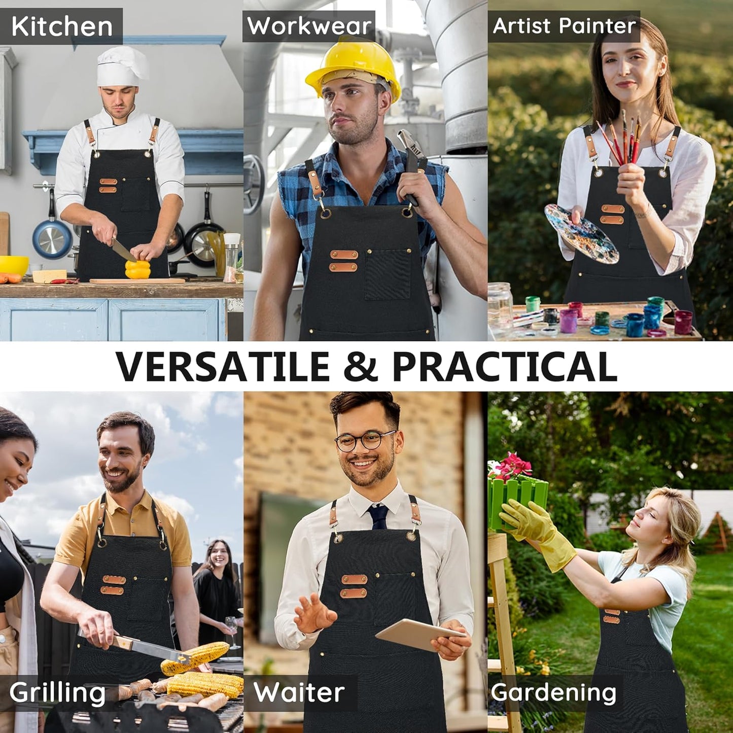 Canvas Aprons, Kitchen Chef Aprons, Work Aprons for Men Women, Adjustable Strap Aprons with 3 Pockets